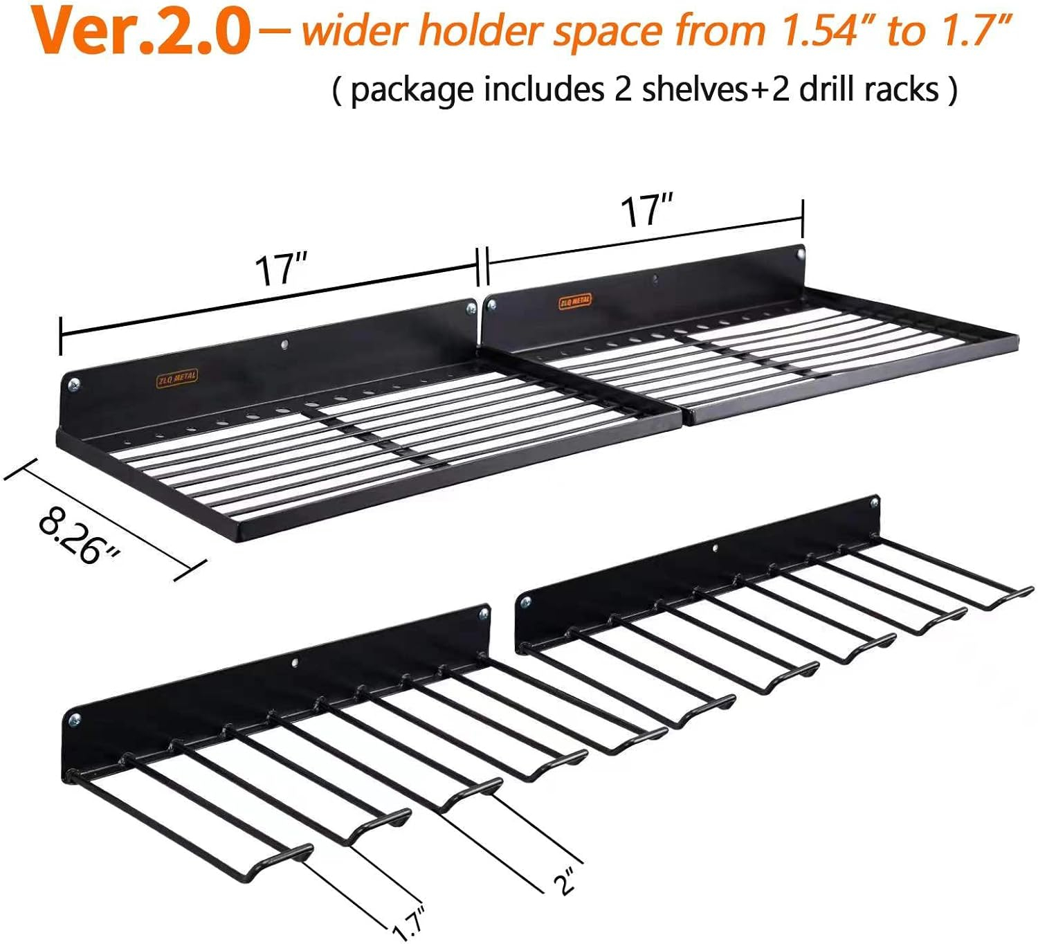 Power Tool Organizer with Charging Station, Drill Holder, Wall Mount, Garage Storage Shelves, Heavy Duty Pegboard Wall Organizer Set, Solid Metal, Black, 2 Pack, 4 Set
