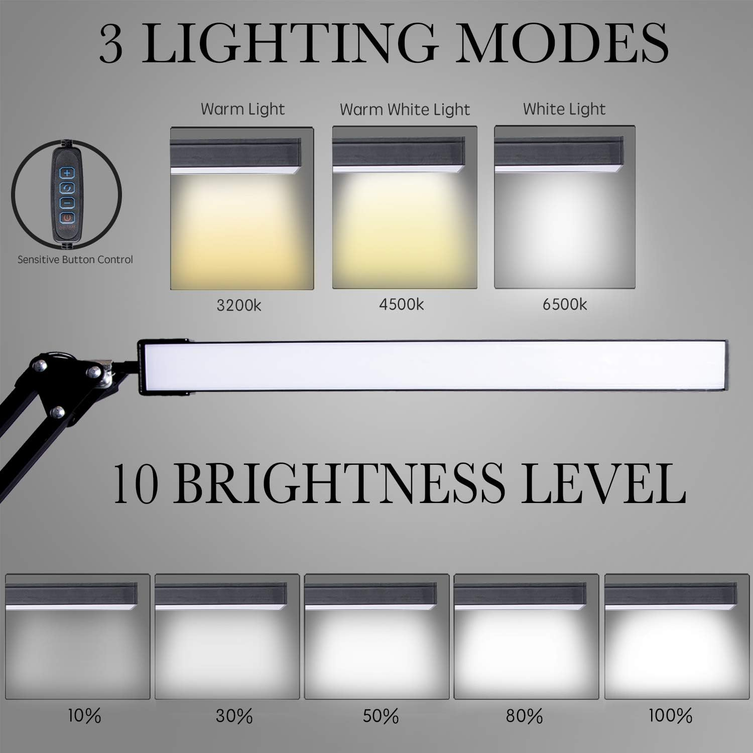 LED Desk Lamp,Adjustable Swing Arm Lamp with Clamp,Eye-Caring Reading Light,10 Brightness Levels,3 Lighting Modes,Memory Function Lamps for Home Office Adapter (Black)