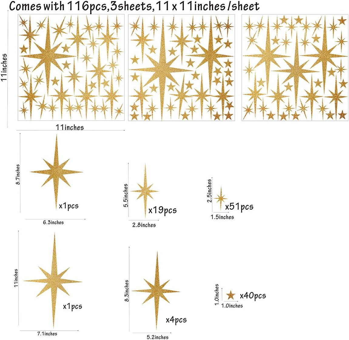 Star Wall Stickers Girls Room Wall Decals (116pcs) Sparkle Wall Sticker Stick and Peel Stars Stickers-6 Sizes