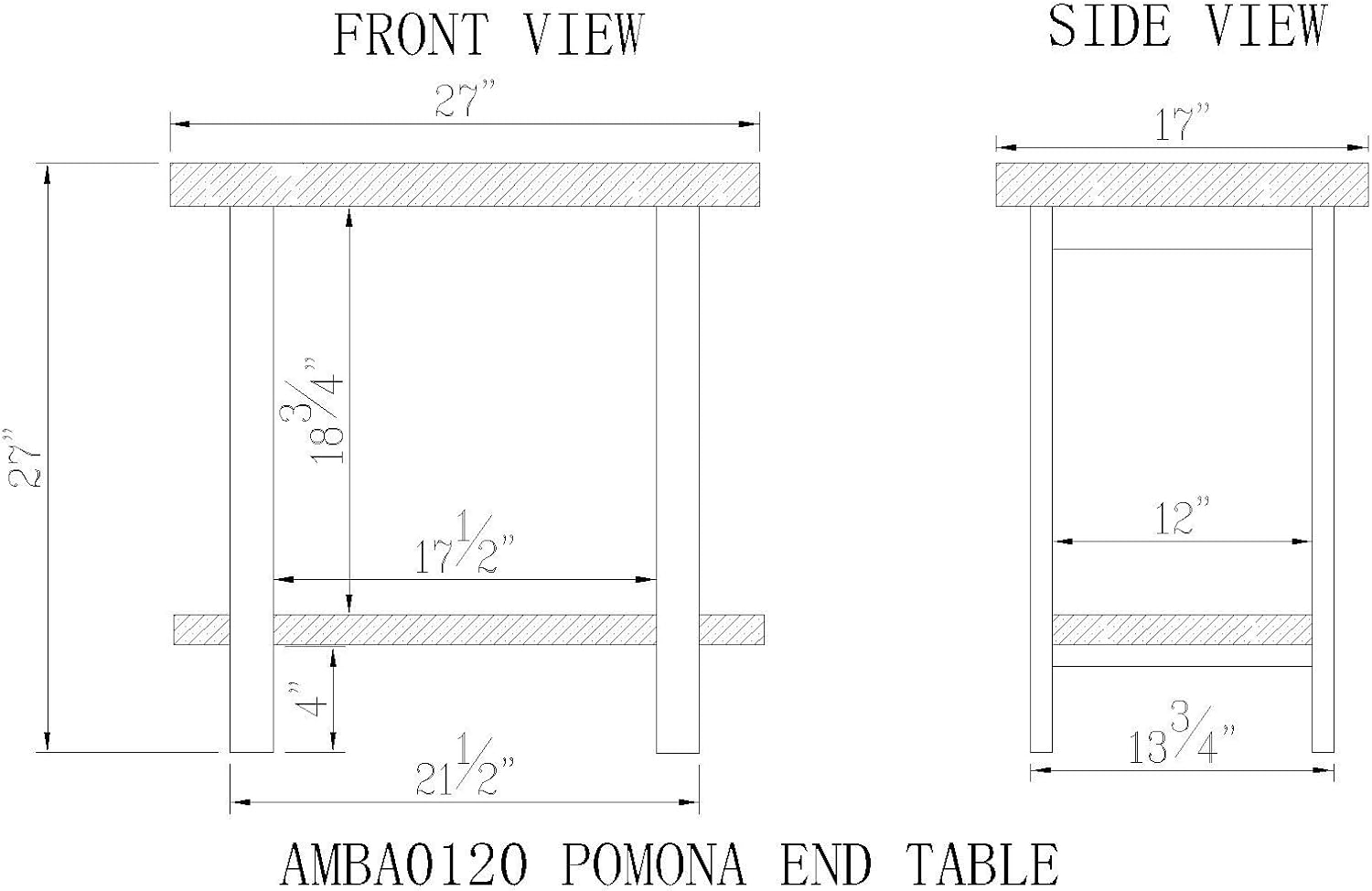 Pomona Solid Wood and Metal End Table with Shelf - Alaterre Furniture: Rustic Design, Fixed Shelf, Rectangle Shape