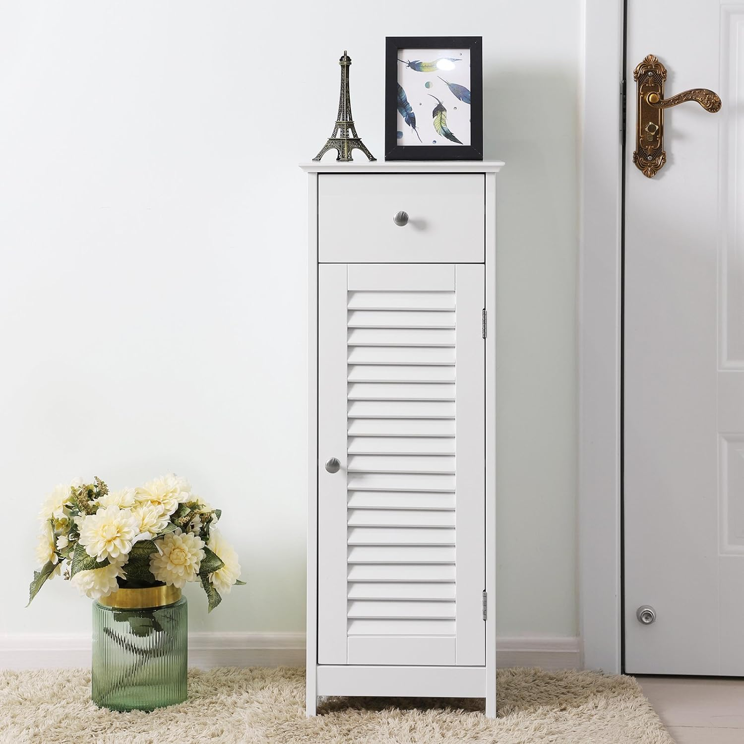 VASAGLE Bathroom Storage Cabinet, Small Slim Bathroom Floor Cabinet with Drawer and Shutter Door, for Living Room, Bedroom, 11.8 x 12.6 x 34.3 Inches, White UBBC43WT