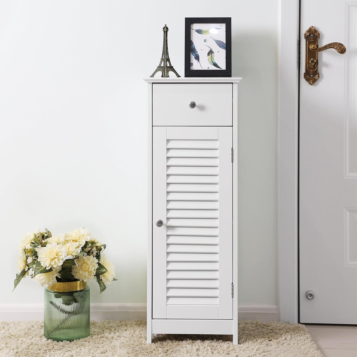 VASAGLE Bathroom Storage Cabinet, Small Slim Bathroom Floor Cabinet with Drawer and Shutter Door, for Living Room, Bedroom, 11.8 x 12.6 x 34.3 Inches, White UBBC43WT