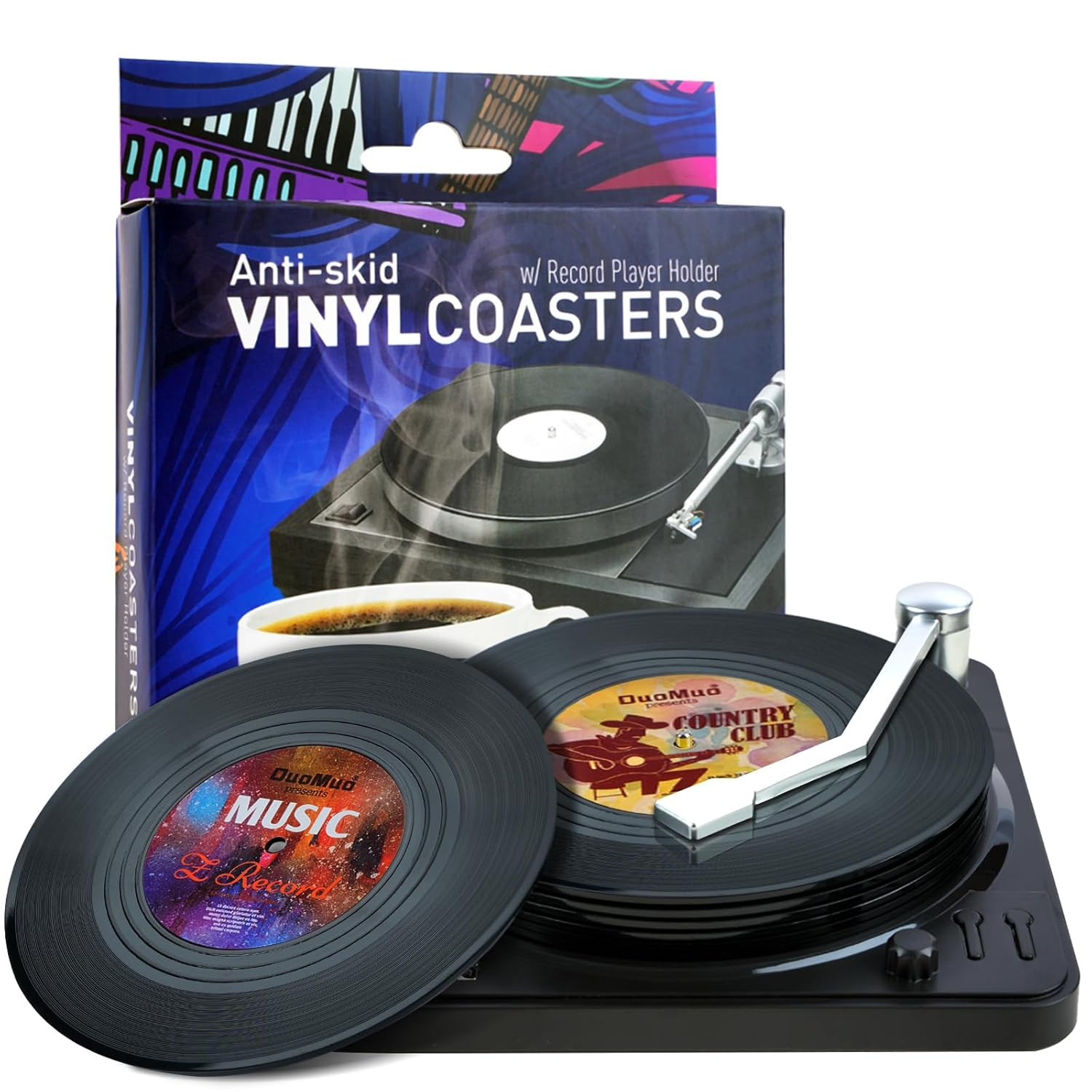 Funny Retro Record Coasters for Drinks with Vinyl Player Holder for Music Lovers,Set of 6 Conversation Piece Sayings Drink Coaster,Housewarming Hostess Wedding Registry Gift Ideas