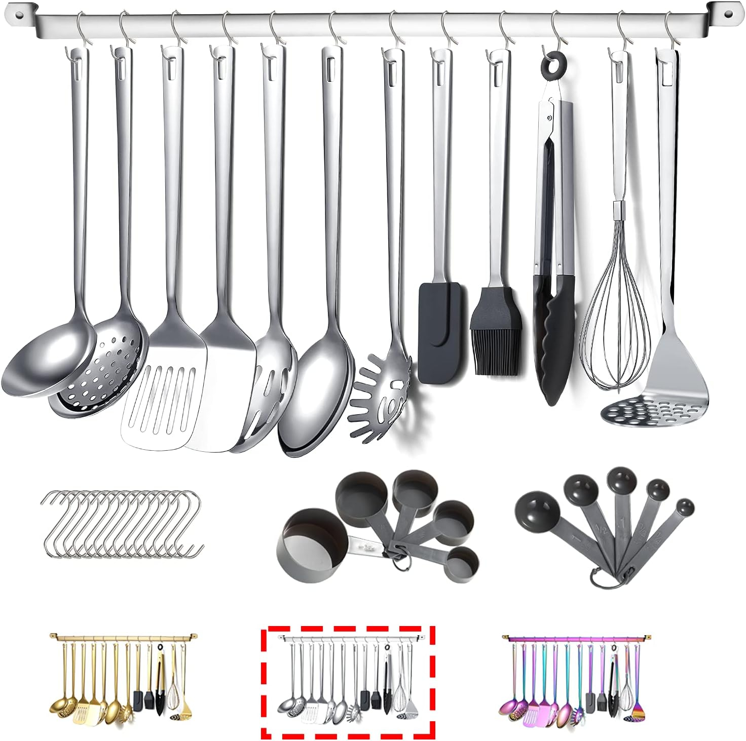 ReaNea Cooking Utensils Set Stainless Steel 37 Pieces Kitchen Utensils Set Kitchen Tool Gadgets with Hooks for Hanging