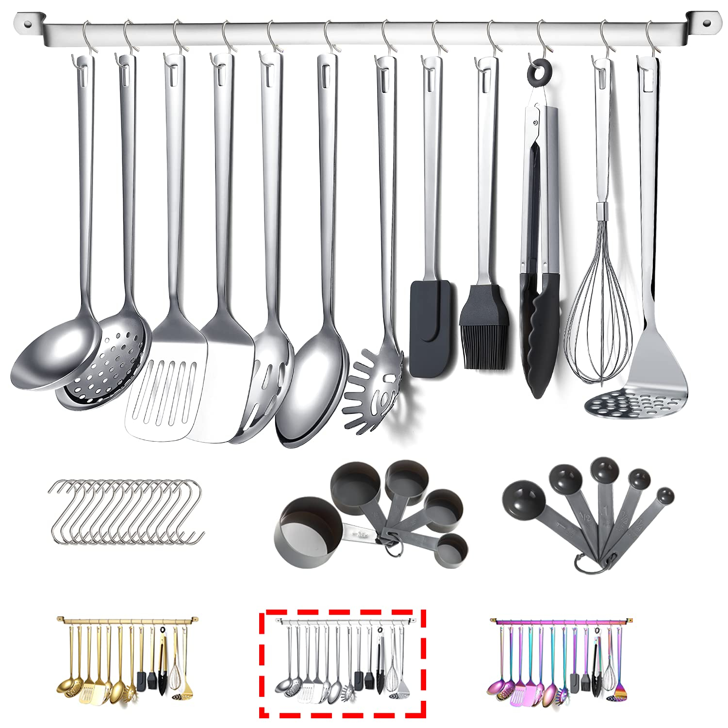 ReaNea Cooking Utensils Set Stainless Steel 37 Pieces Kitchen Utensils Set Kitchen Tool Gadgets with Hooks for Hanging