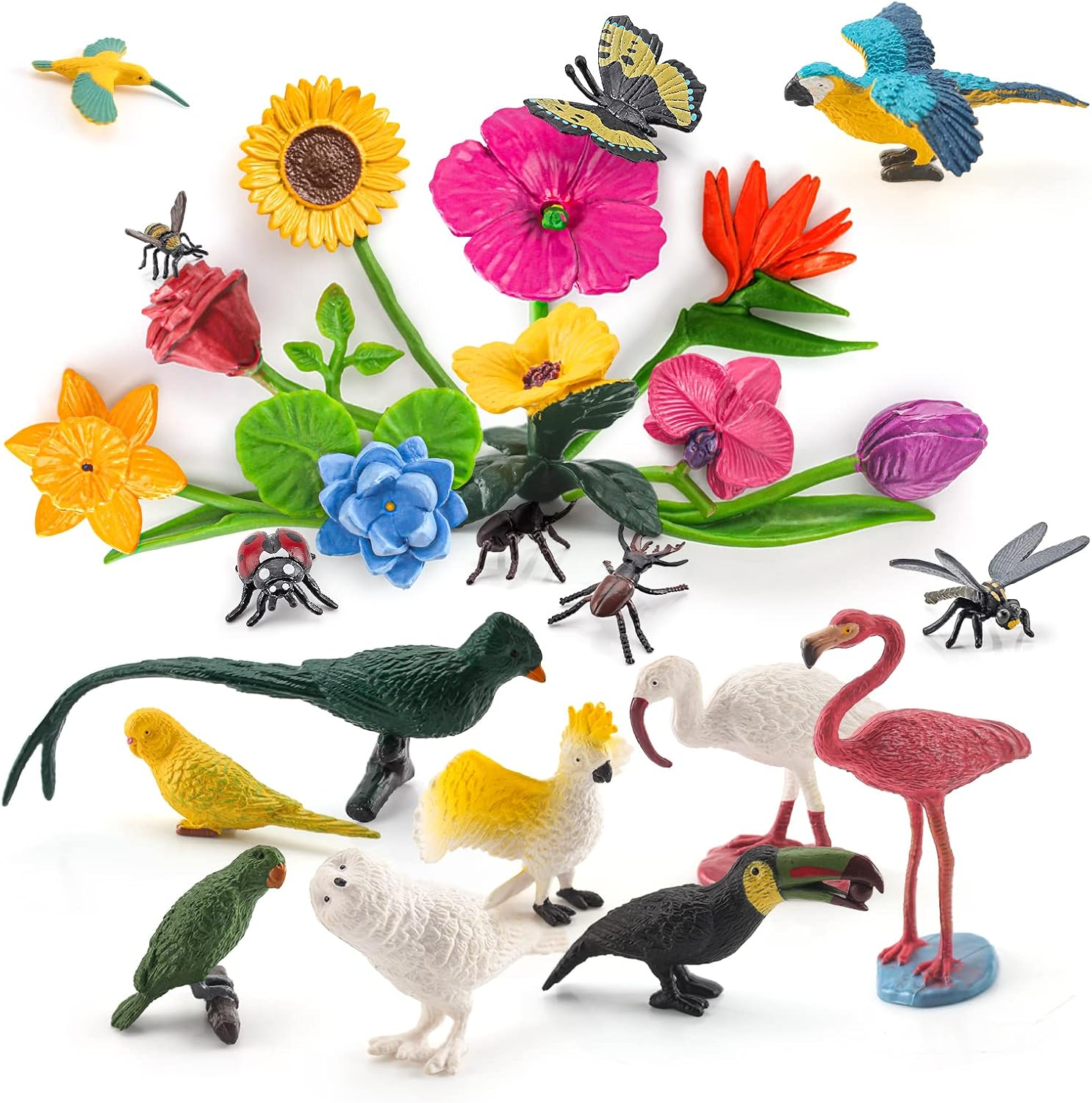24PCS Realistic Bird Animals Figurines Plastic Flower Toys Mini Insect Toys Set for Toddlers Age 3+ Educational Project Diorama Kids for Preschool Children