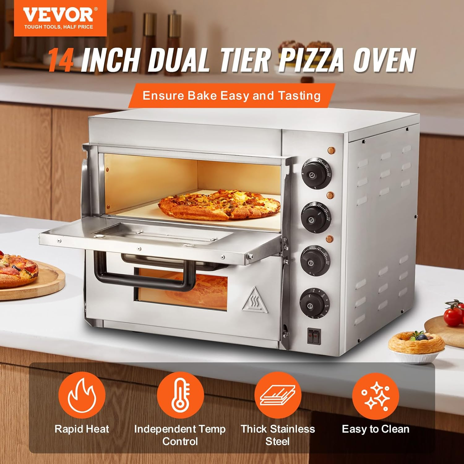 VEVOR 12-Inch Stainless Steel Electric Pizza Oven with Adjustable Temperature