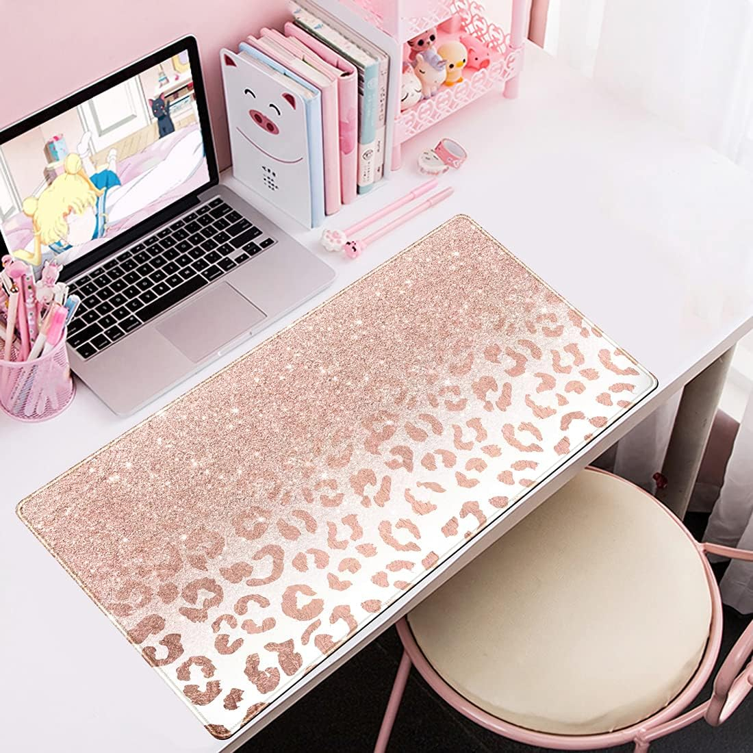 Pink Rose Gold Leopard Print XXL Gaming Desk Mat