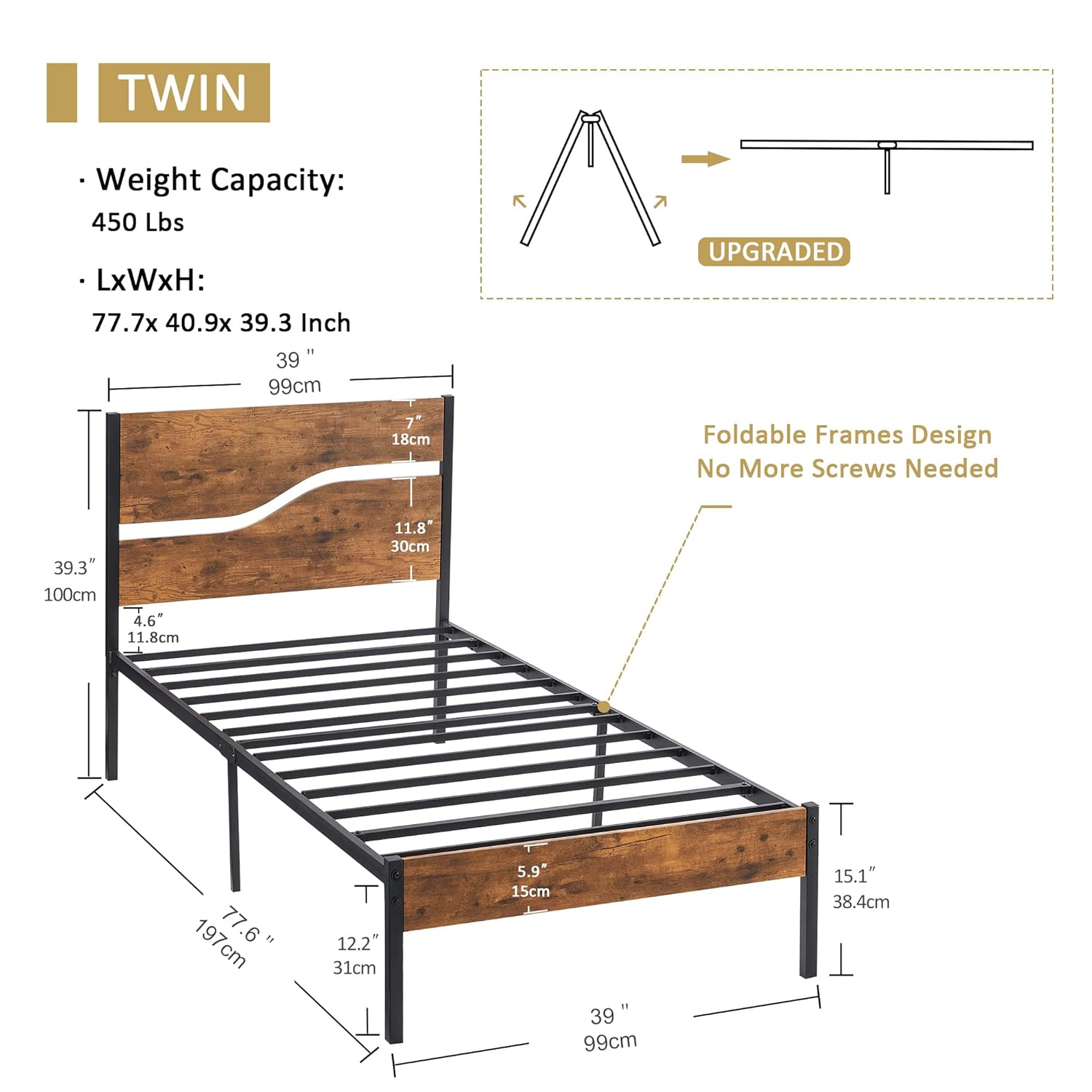 VECELO Platform Bed Frame Twin Size with Rustic Vintage Wood Headboard, Strong Metal Slats Support, No Box Spring Needed