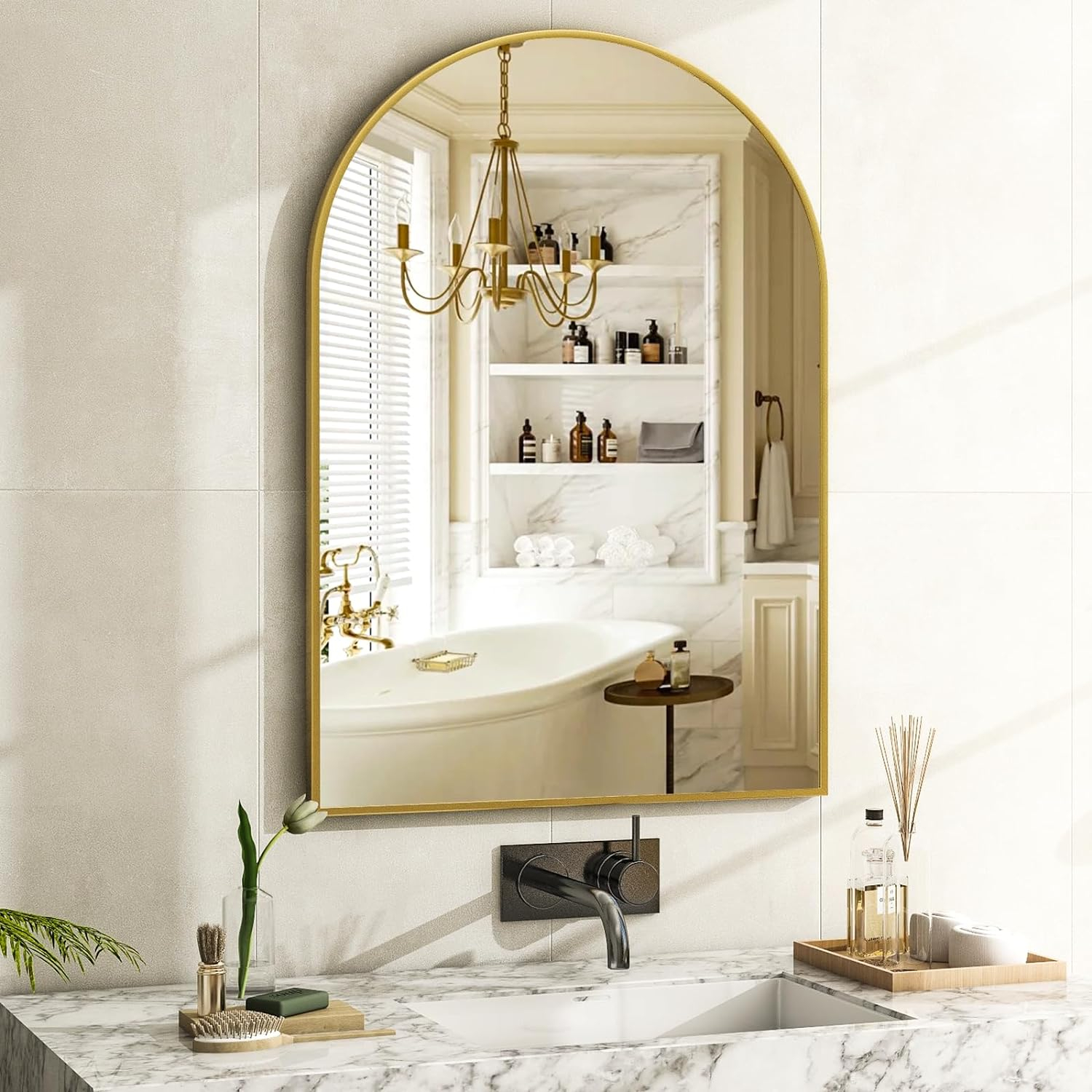 Gold Arched Wall Mounted Aluminum Bathroom Mirror
