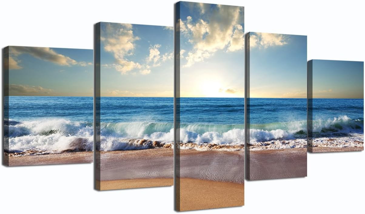Yatsen Bridge Modern Landscape Painting on Canvas 5 Piece, Beach Ocean Pictures Wall Art for Living Room Home Decor Wooden Framed Stretched Ready to Hang (60" W x 32" H)