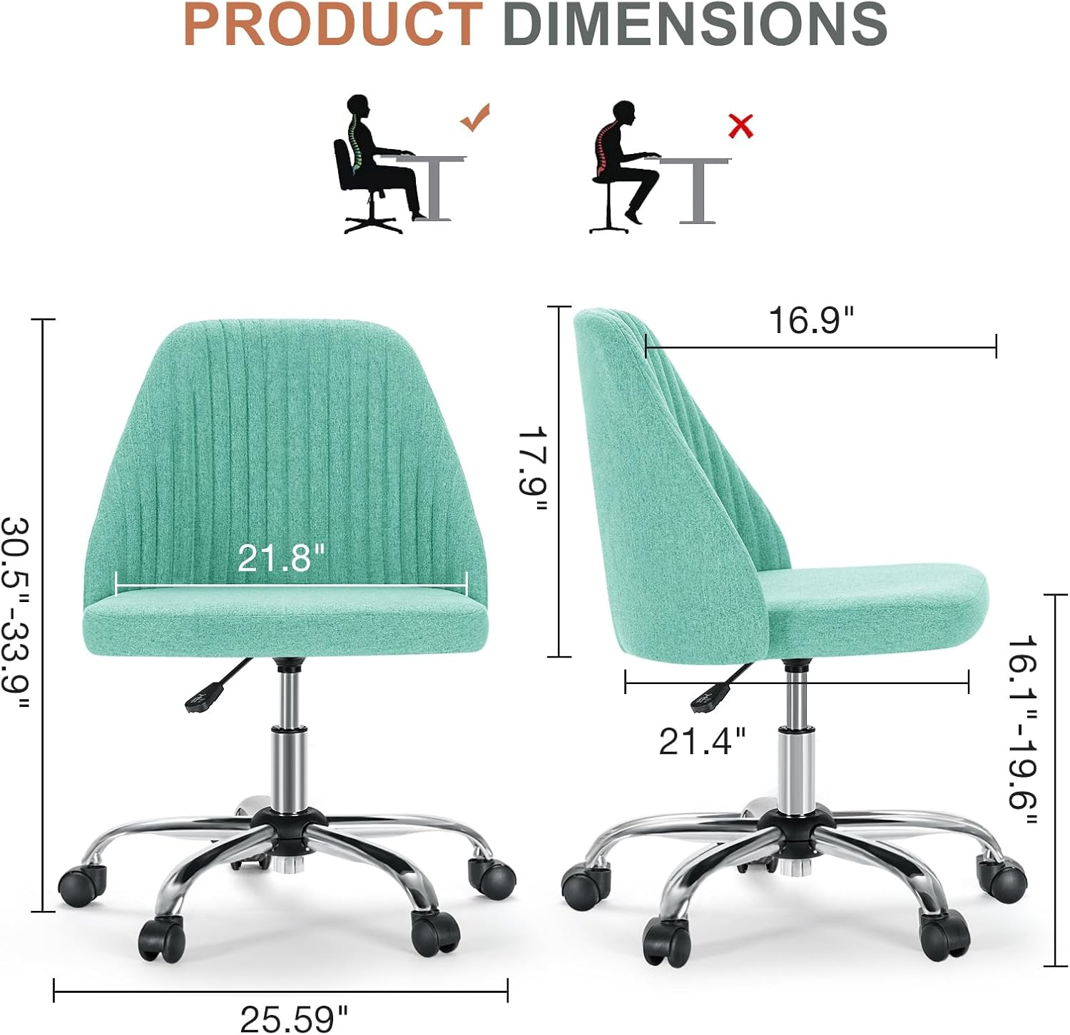 Office Desk Chair, Modern Cute Rolling Vanity Swivel Task Chairs with Wheels, Comfortable Back Seat Armless for Home, Bedrooms, Office, Study, Student, Adults, Make-up, Dressing Room, Cloud, Grey