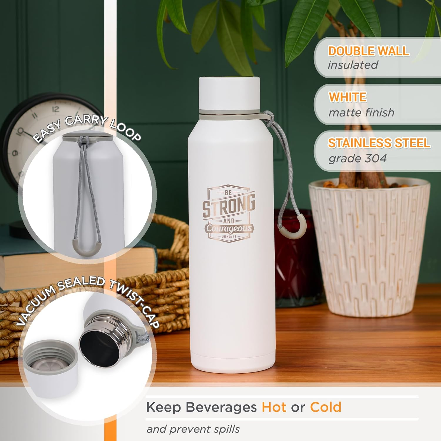 White Stainless Steel Insulated Sports Water Bottle, 24 oz