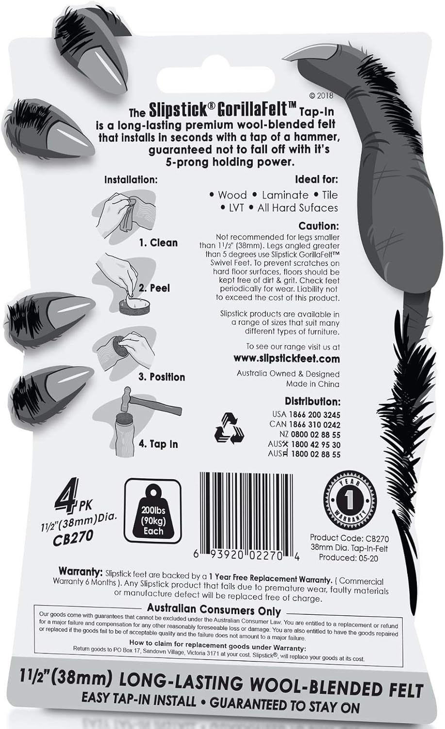 Slipstick GorillaFelt 1.5 inch Grey/Brown Plastic