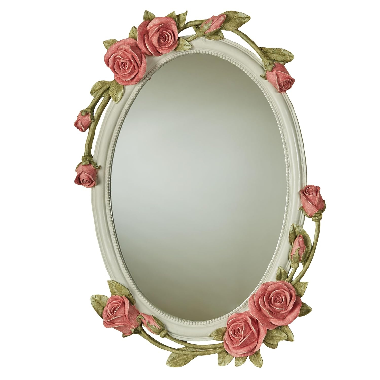 Antique White Oval Resin Wall Mirror with Pink Roses