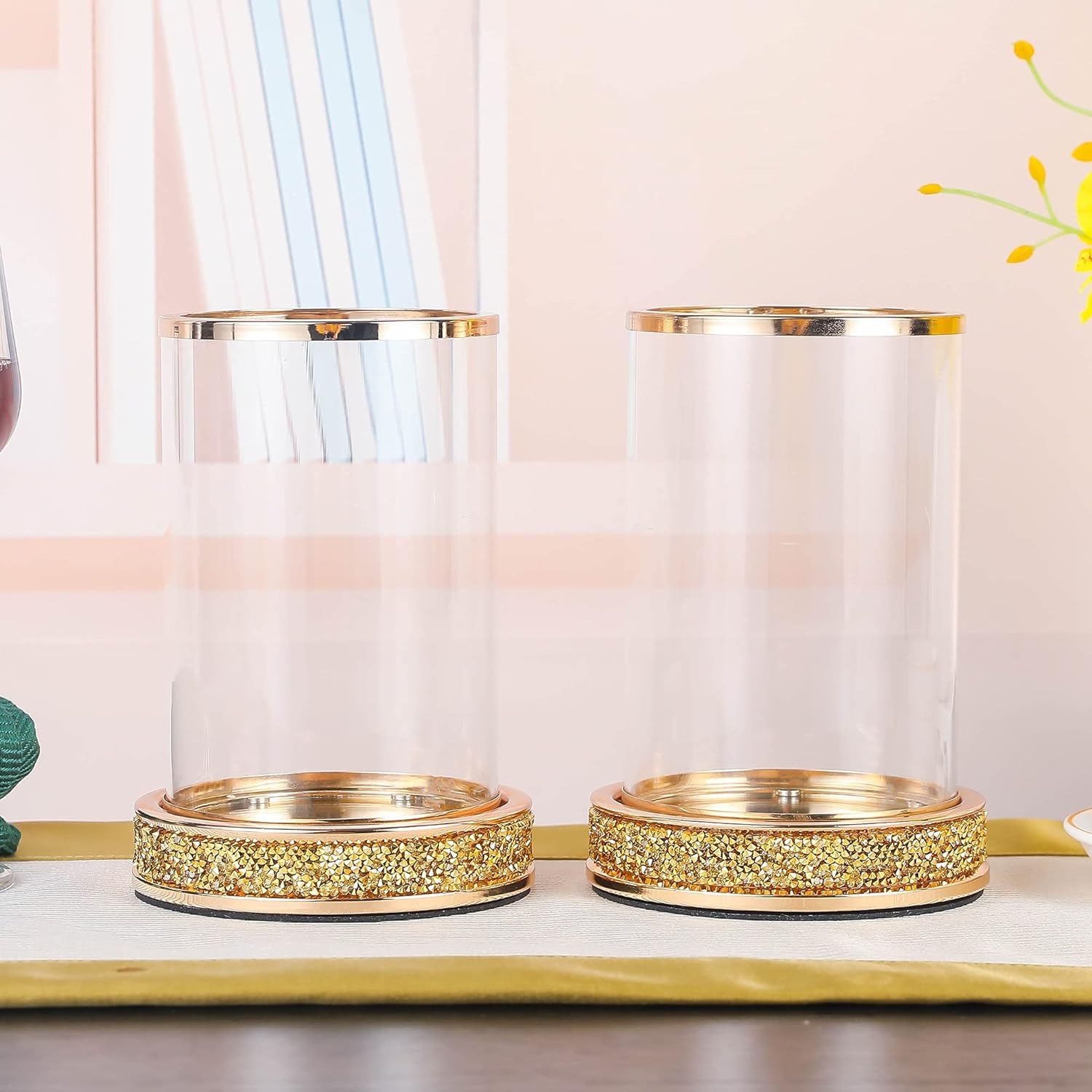 Pillar Candle Holders Set of 2,Hurricane Candle Holders,Candlesticks Holder With Glass Hurricane Lid,Metal Candle Holder For Coffee Dining Table, Wedding, Christmas, Home Decoration,Gold Candle Holder