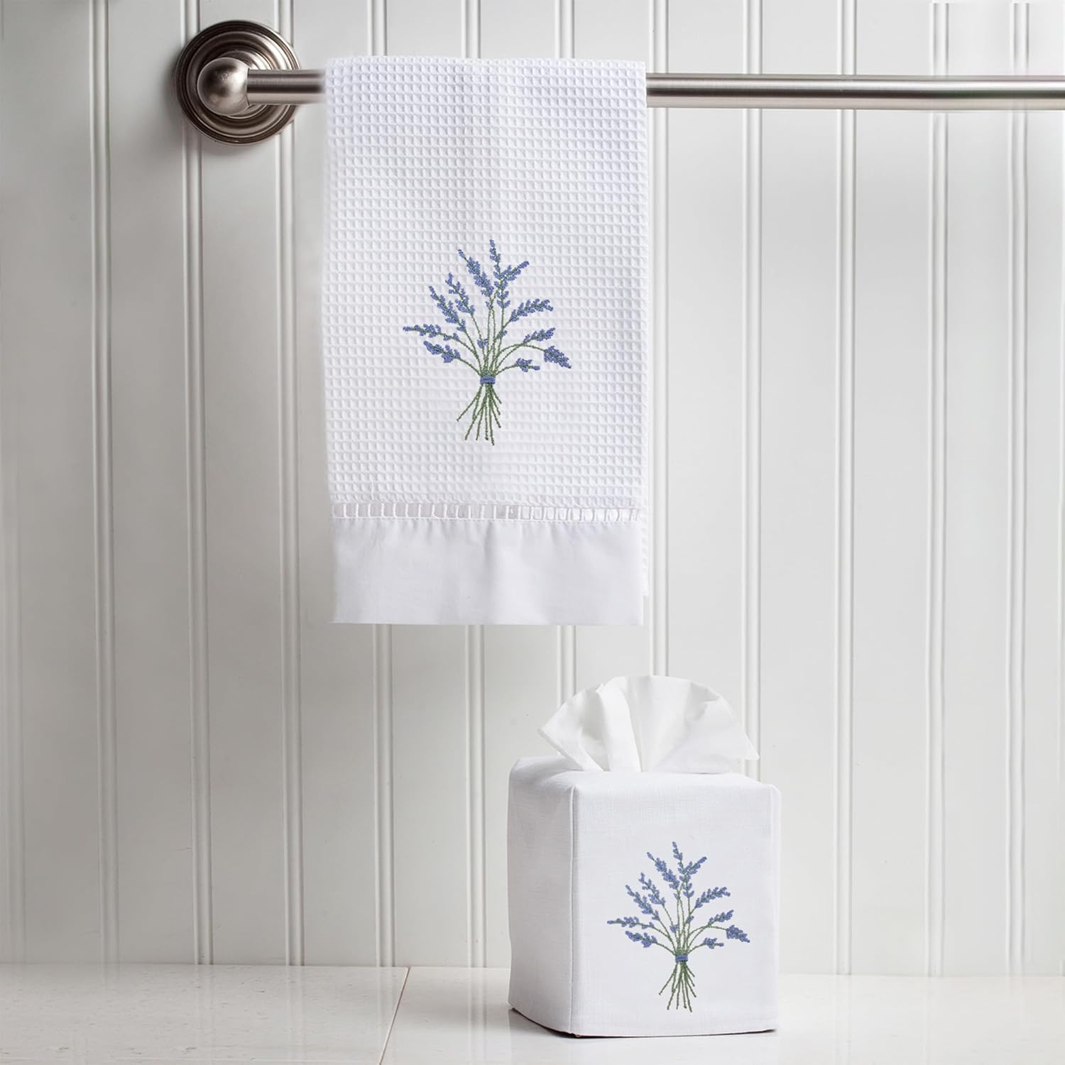 White Linen Square Tissue Box Cover with Blue Embroidered Botanical Design