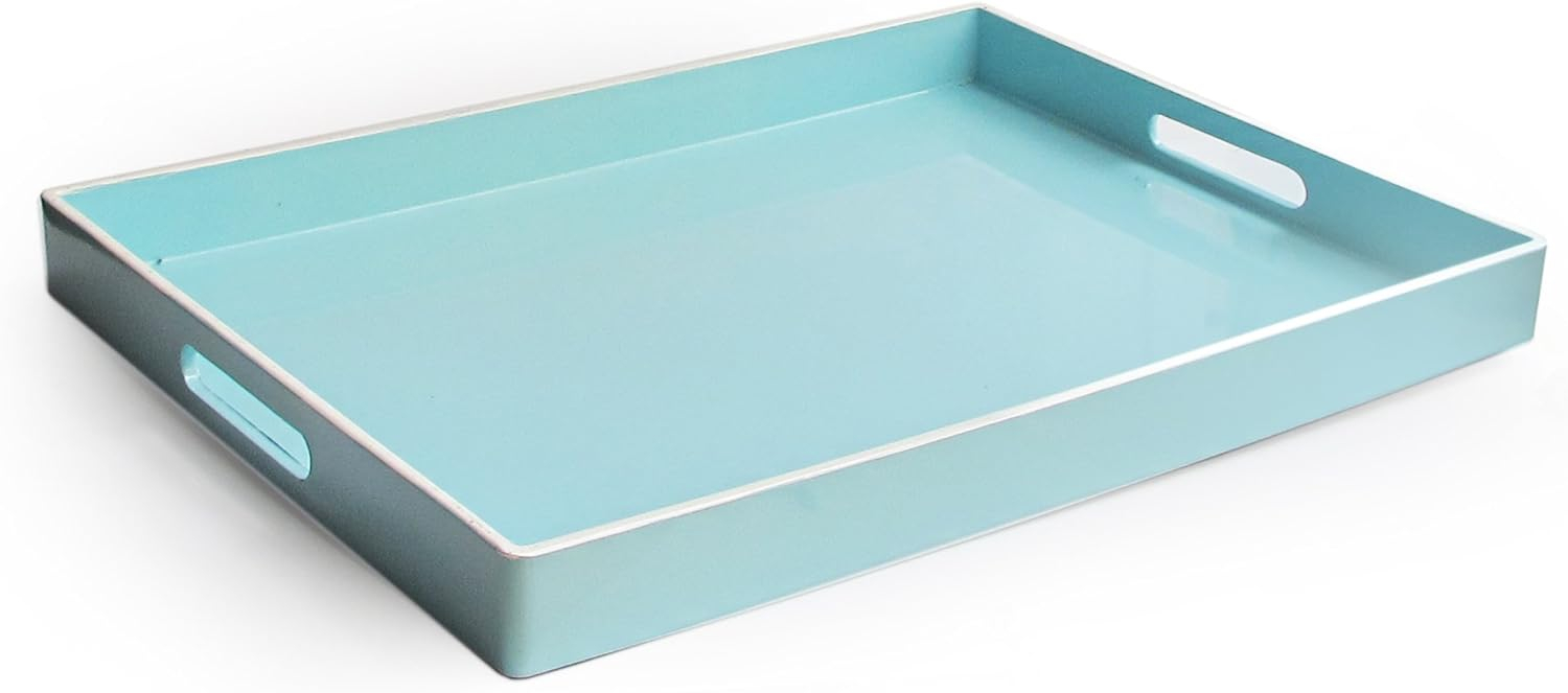 American Atelier, Teal with White Rim, Polypropylene Rectangular Serving Tray with Handles, 14X19"