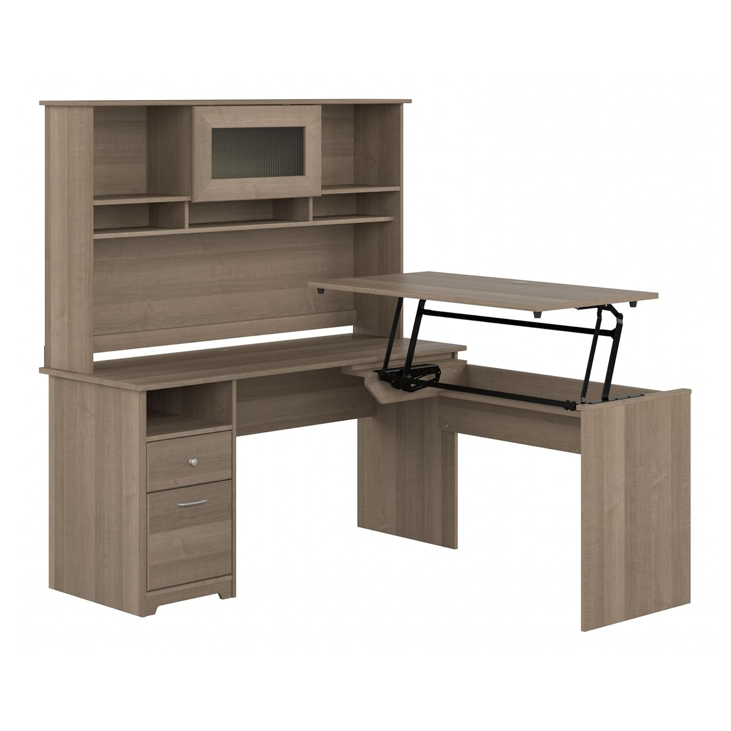 Cabot 60W Sit to Stand L Shaped Desk with Hutch in Modern Gray - Engineered Wood