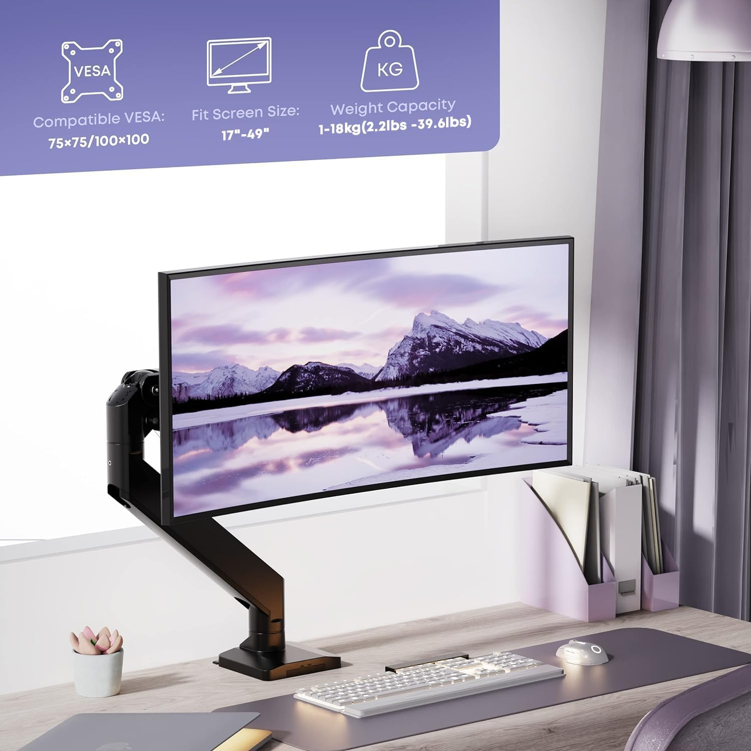 Heavy Duty Monitor Arm for Ultrawide Screens up to 49 inch and 39.6lbs, Premium Aluminum Single Desk Mount Stand with Gas Spring, VESA 75x75/100x100