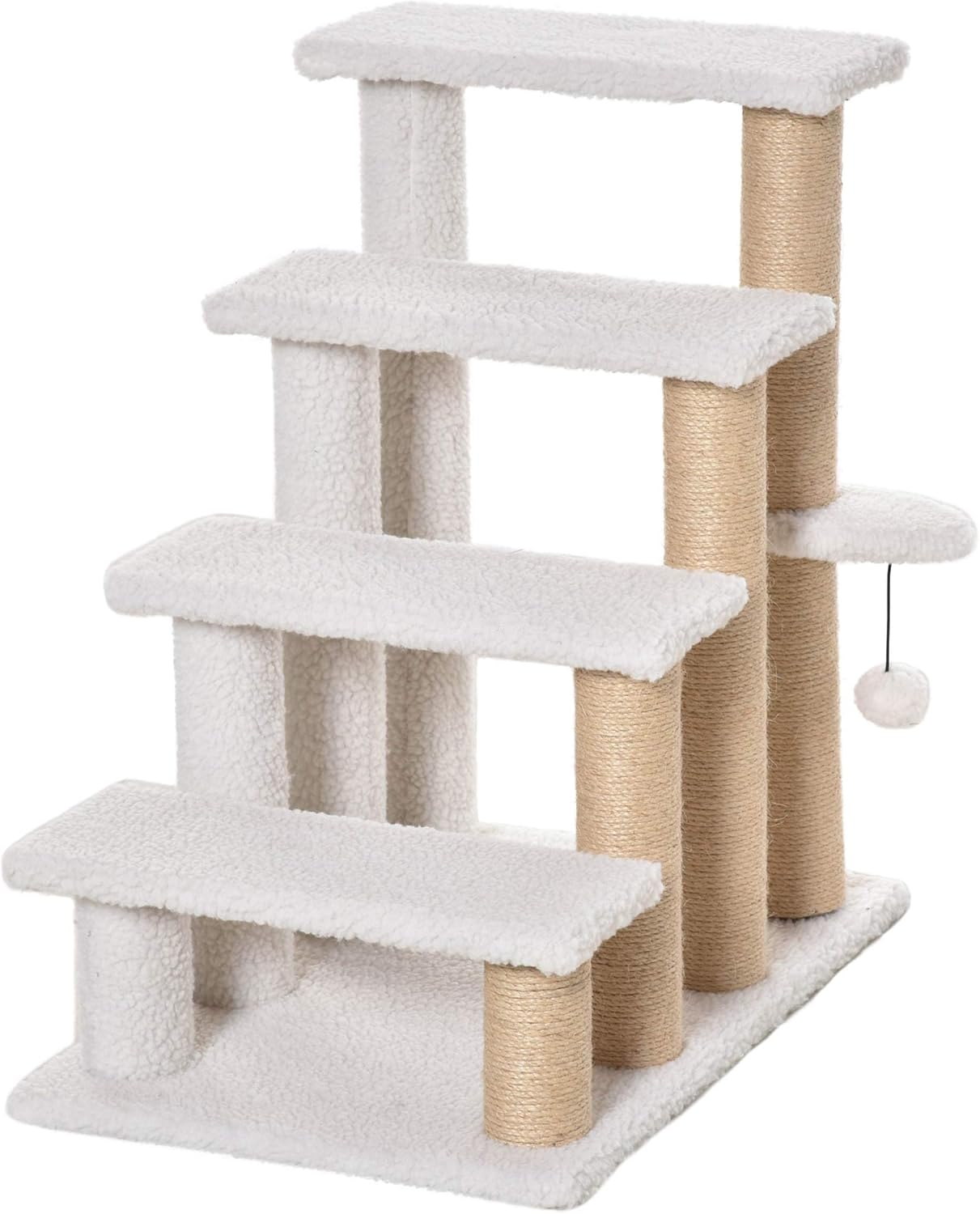 ZHI-22 4 Levels Cat Steps, Pet Stairs Carpeted Ladder, Kitten Tree Climber with Scratching Posts, Hanging Play , Side Step, for High Bed, Sofa, White