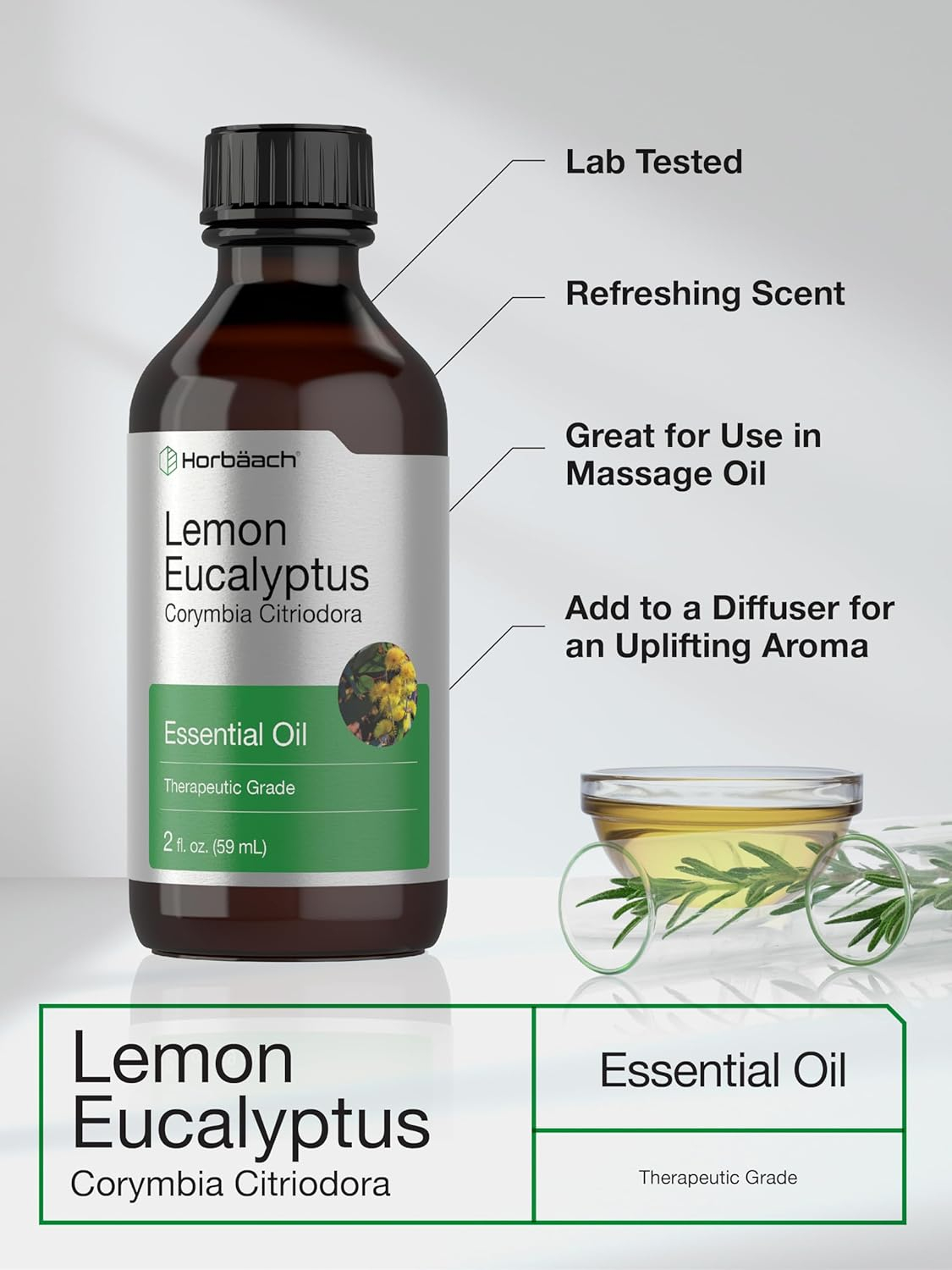 Lemon Eucalyptus Oil | 2 oz | Natural, Undiluted, GC/MS Tested | by Horbaach