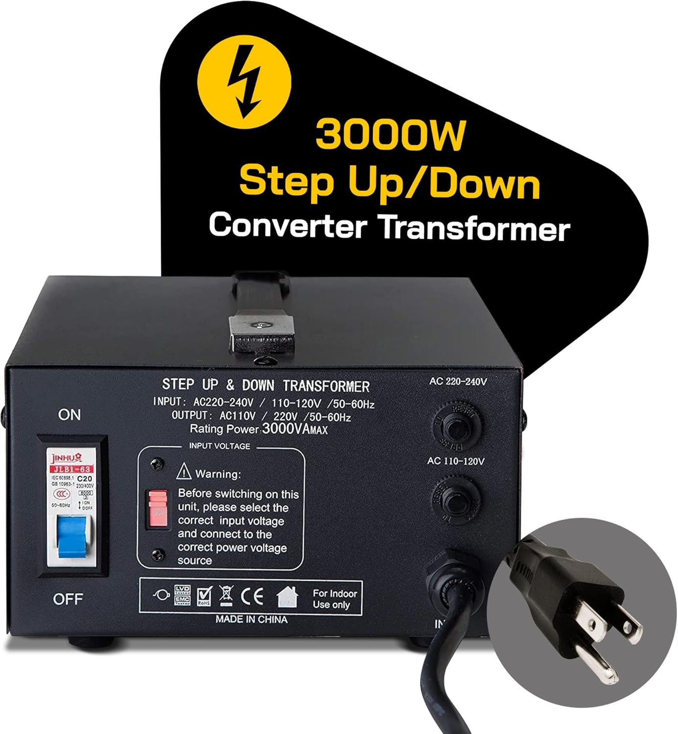 ELC T Series 3000+ Watt Voltage Converter Transformer - Step Up/Down - 110v to 220v / 220v to 110v Power Converter - Circuit Breaker Protection, CE Certified [3-Years Warranty]