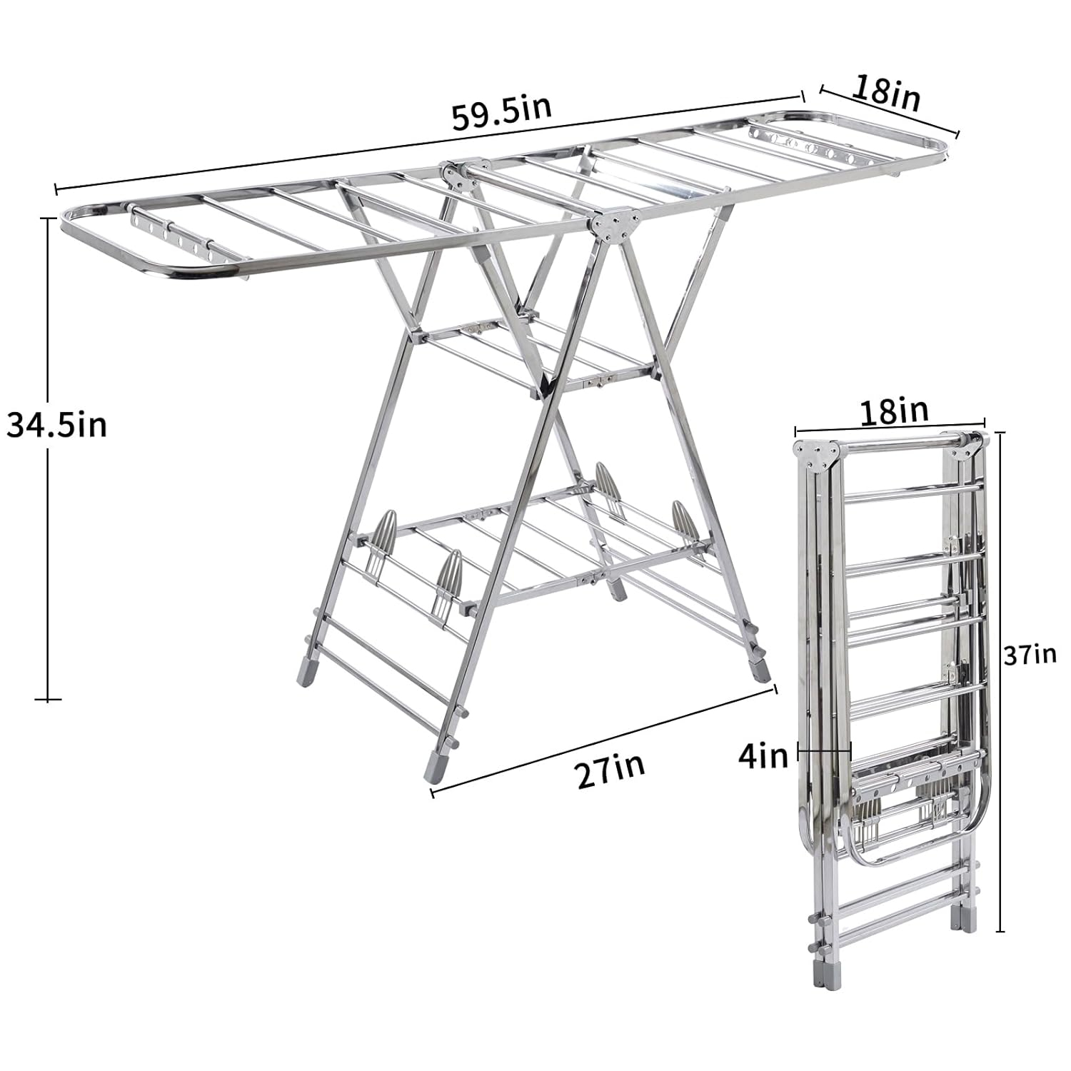 Foldable Clothes Drying Rack has 21 Rods, Non-Slip Buckle, Shoe Rack and Wheels ，Stainless Steel Laundry Drying Rack,Collapsible for Easy Storage,Rust-Proof,Works Both Indoors and Out