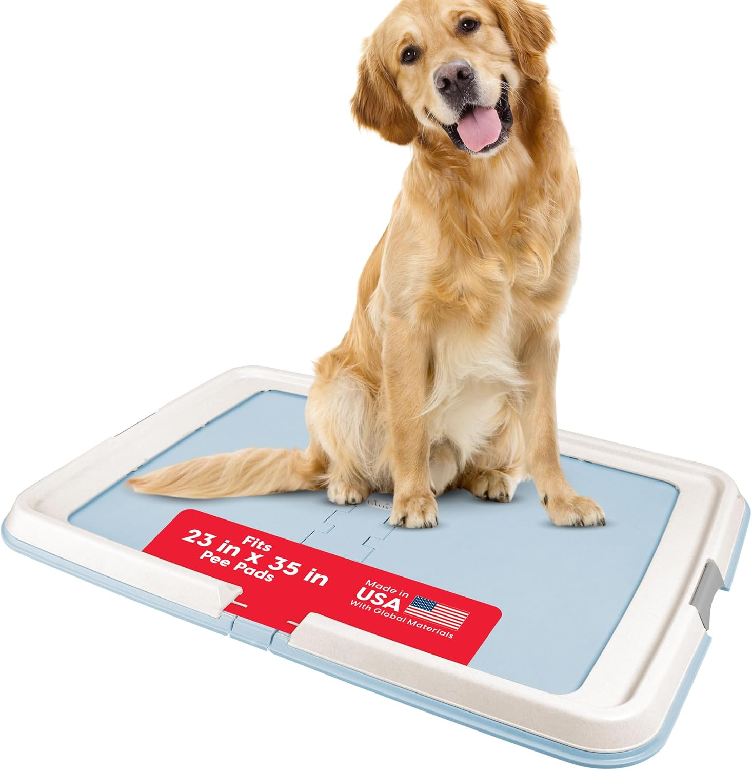 IRIS USA Pee Pad Holder - For Large Sized Dog and Puppy Pee Pads, Secured Latches, Non-Skid Feet, High Polish Finish for Easy Cleaning, Leak Protection, Fits 23"x35" Pad or Larger, Square, Blue