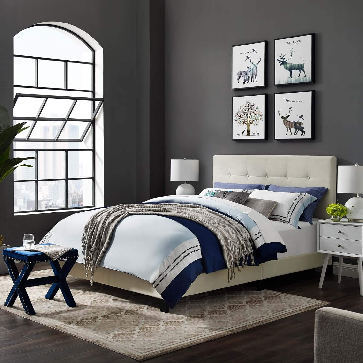 Modway Amira King Modern Style Performance Velvet Bed in Ivory