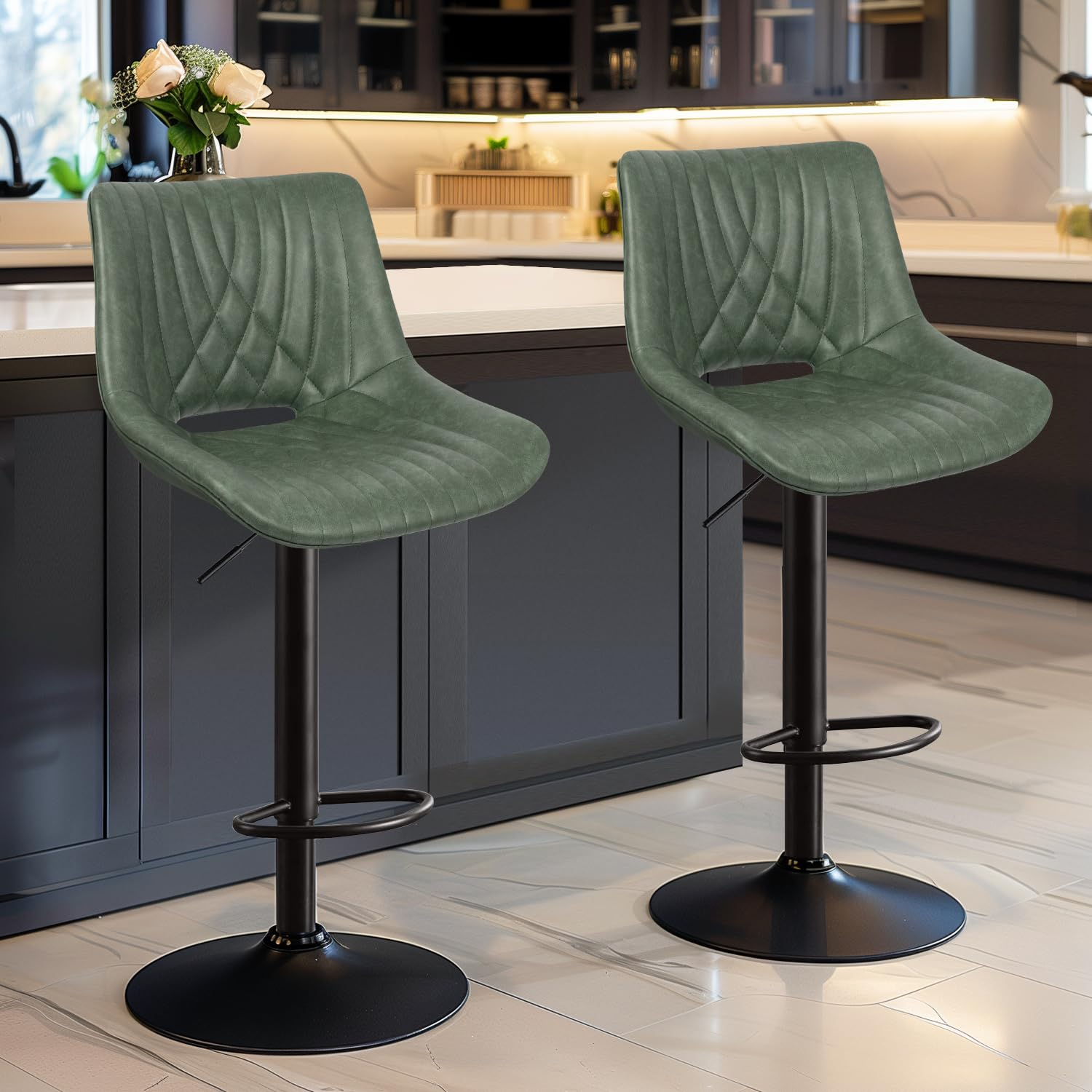 Restworld Set of 2 Modern Adjustable Bar Stools,Faux Leather Swivel Counter Stools with Sturdy Large Base, Ideal for Kitchen and Dining Areas,Green