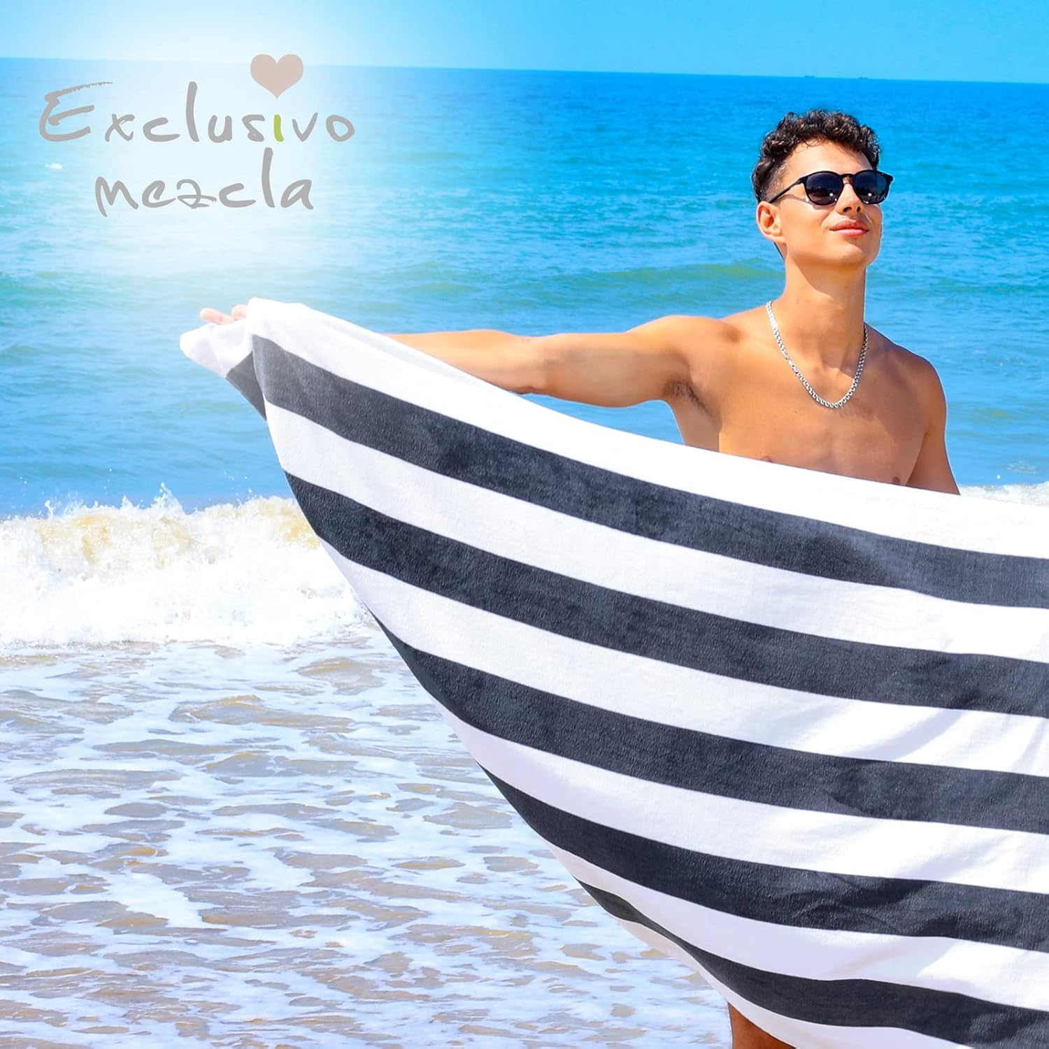 Exclusivo Mezcla Cotton Oversized 35"x70" Cabana Stripe Beach Towel, Super Absorbent Soft Plush Pool Towel, Bath Towel (Charcoal Grey)