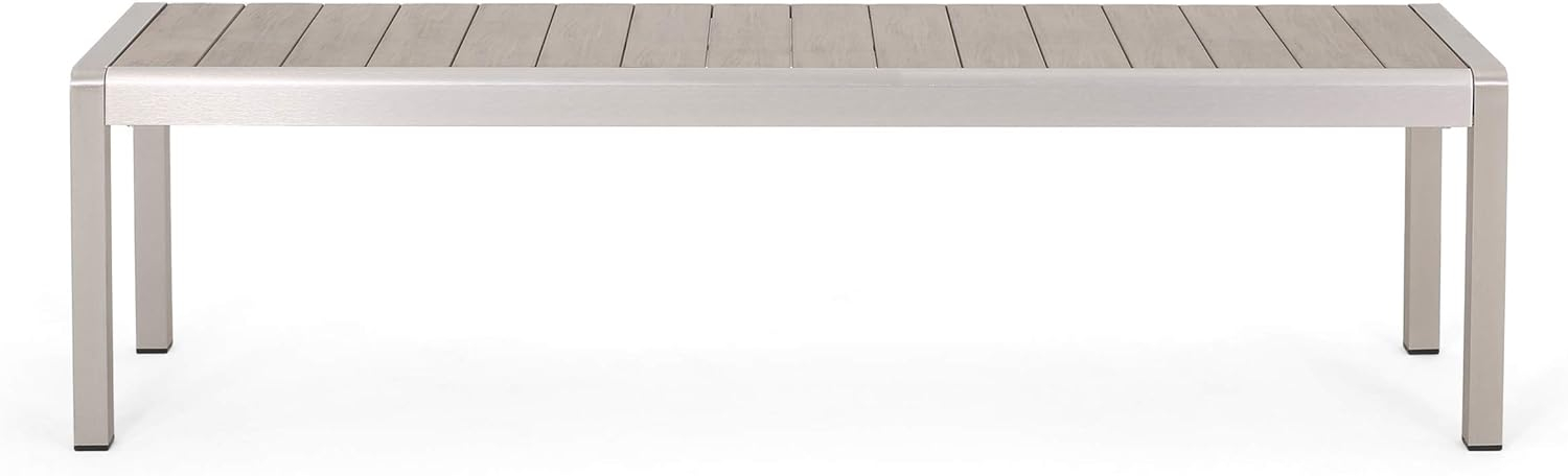 GDF Studio Crested Bay Outdoor Aluminum and Faux Wood Bench, Natural and Silver