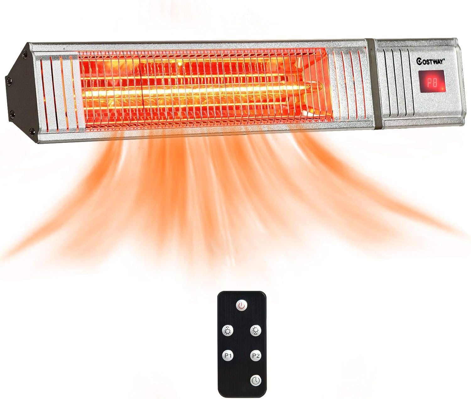 Costway Wall-Mounted Patio Heater 750W/1500W Infrared Heater with 9-Level Adjustable 24H Timer & Remote Control Silver