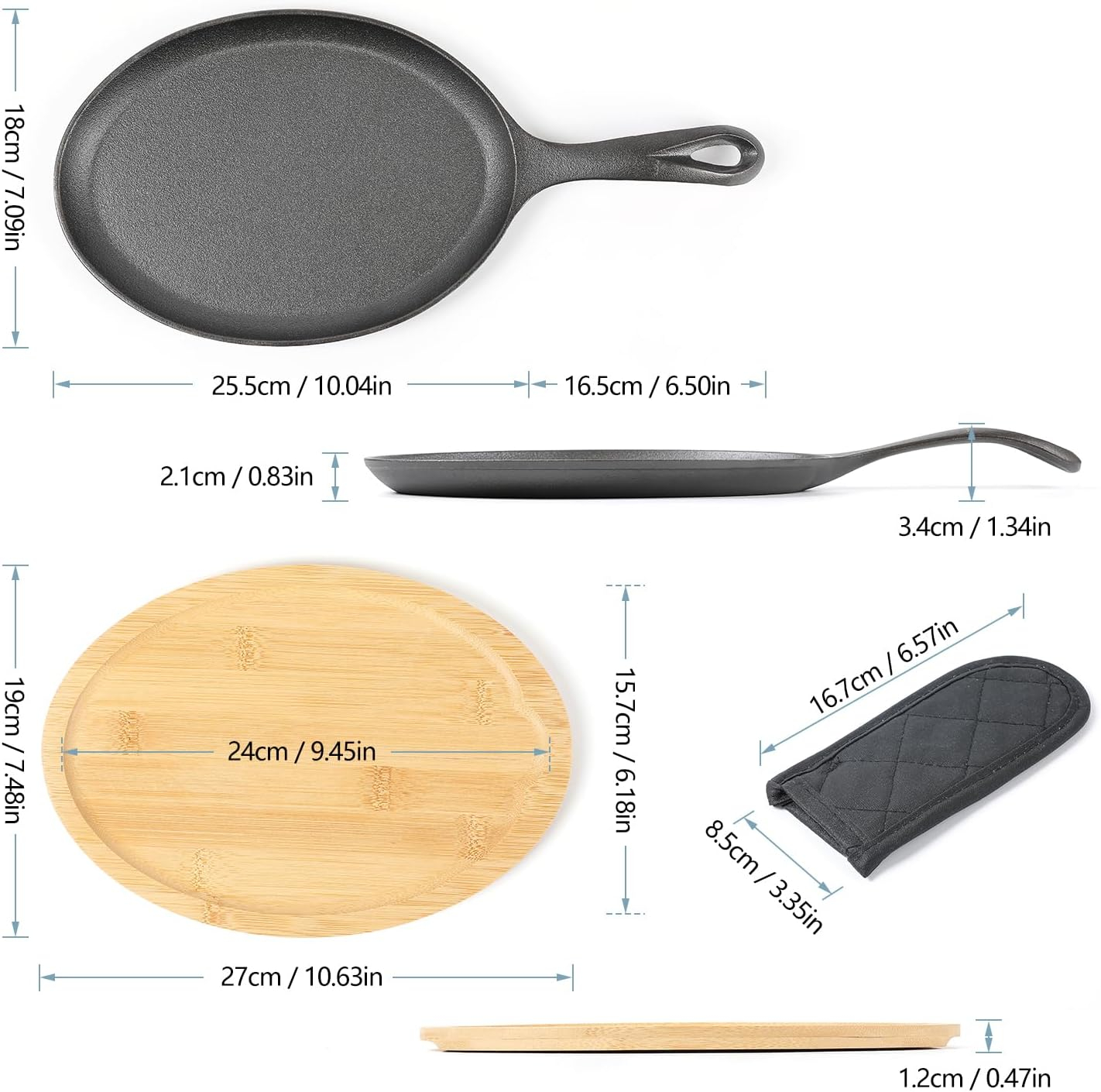 Pre-Seasoned Cast Iron Fajita Pan Set with Bamboo Base