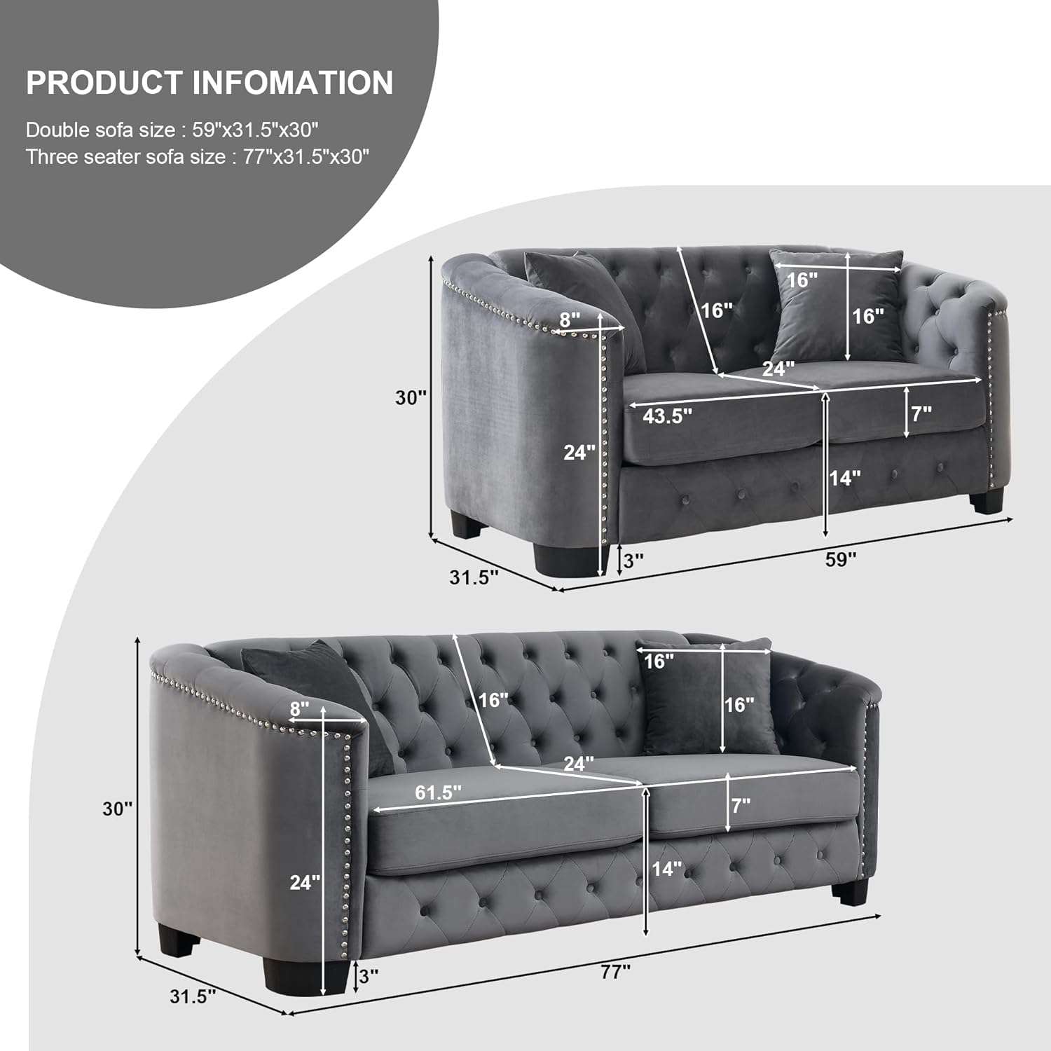 House of Hampton® House of Hampton® 2 Piece Chesterfield Sofa Set, Upholstered 77" Velvet 3 Seater Sofa + 59" Velvet Loveseat