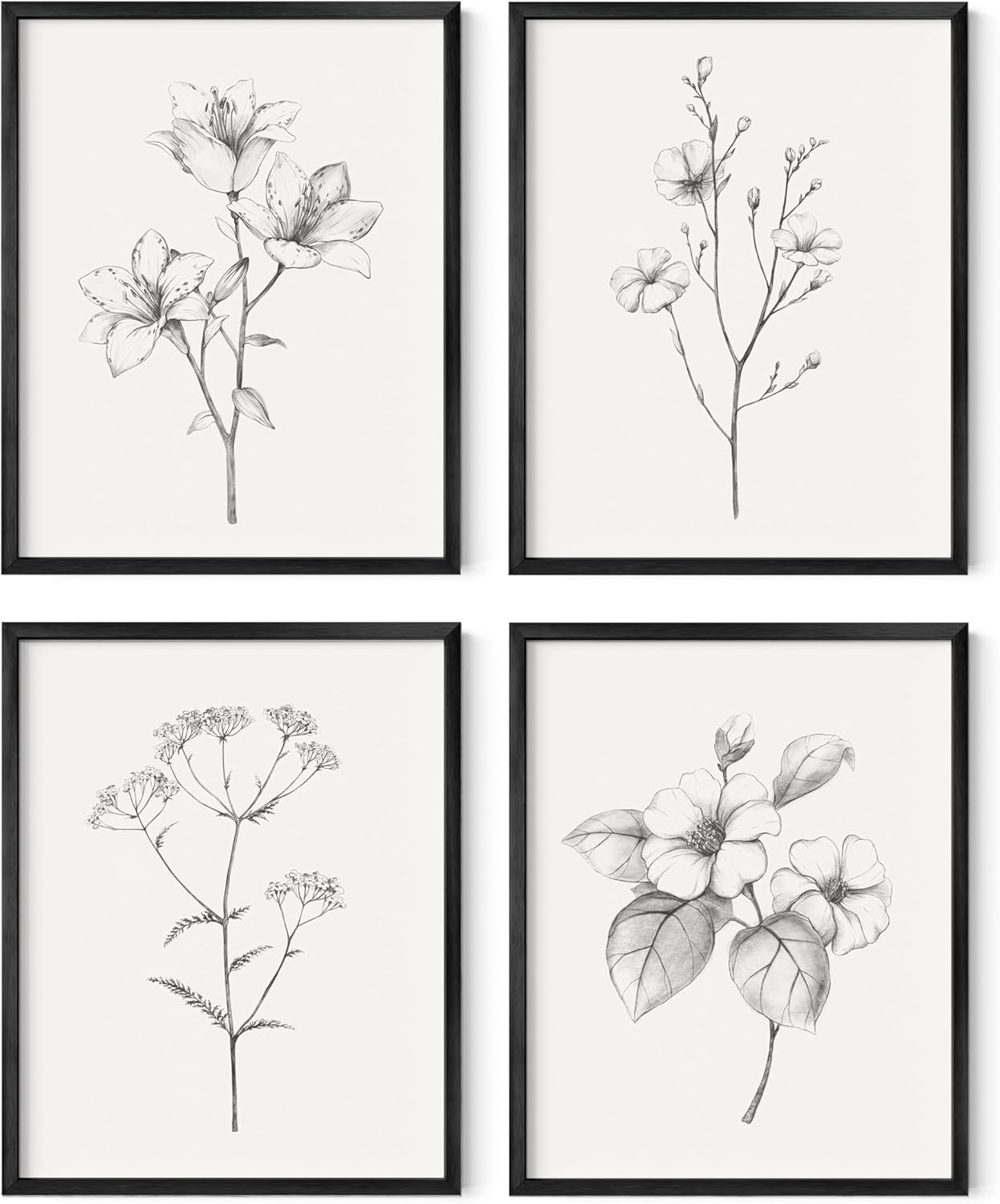 HAUS AND HUES Grey Floral Wall Art - Set of 4 Plant Posters for Wall Vintage, Botanical Prints, Black and White Flower Pictures for Room Aesthetic, Farmhouse Bathroom, Rustic Art (Beige Frame, 11x14)