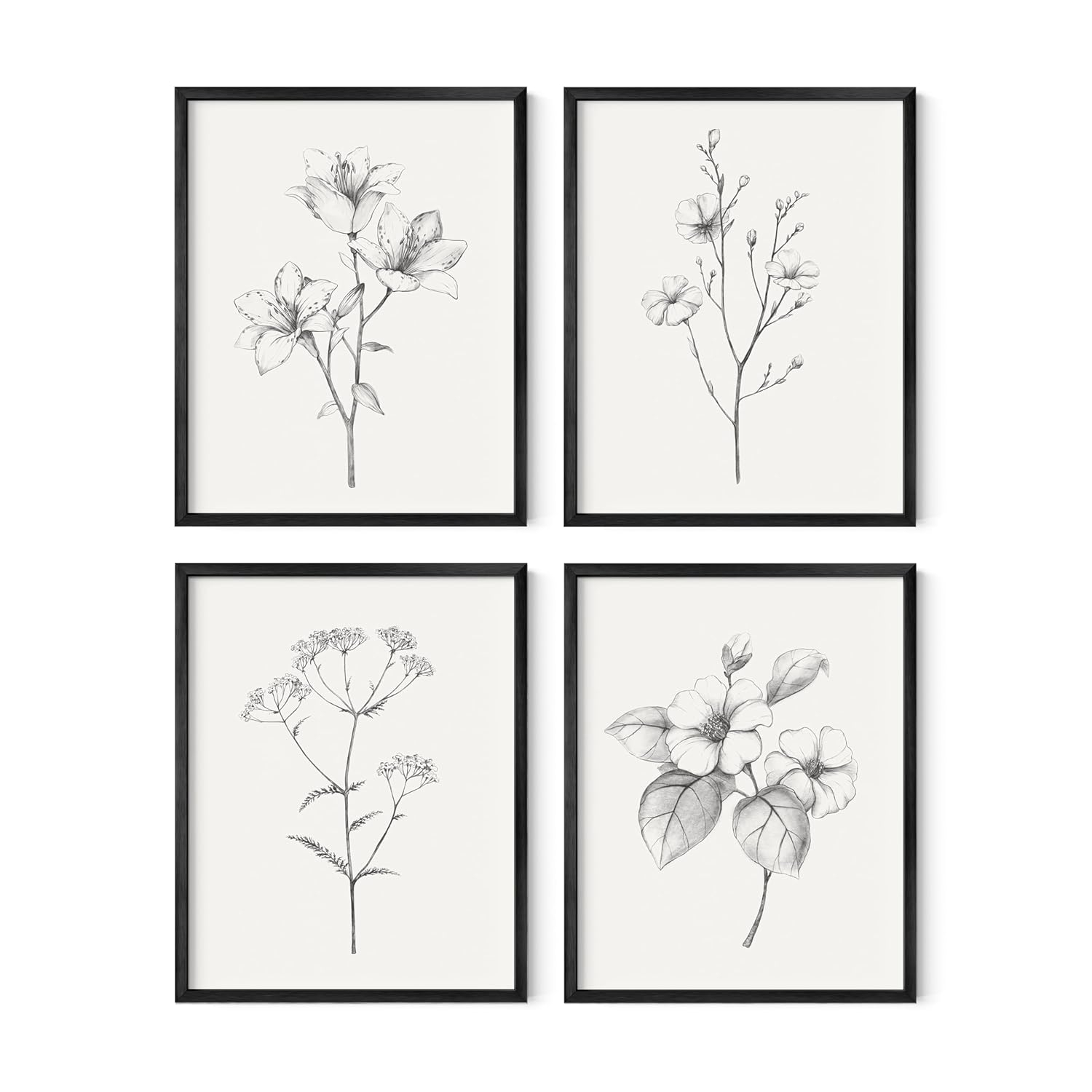 HAUS AND HUES Grey Floral Wall Art - Set of 4 Plant Posters for Wall Vintage, Botanical Prints, Black and White Flower Pictures for Room Aesthetic, Farmhouse Bathroom, Rustic Art (Beige Frame, 11x14)