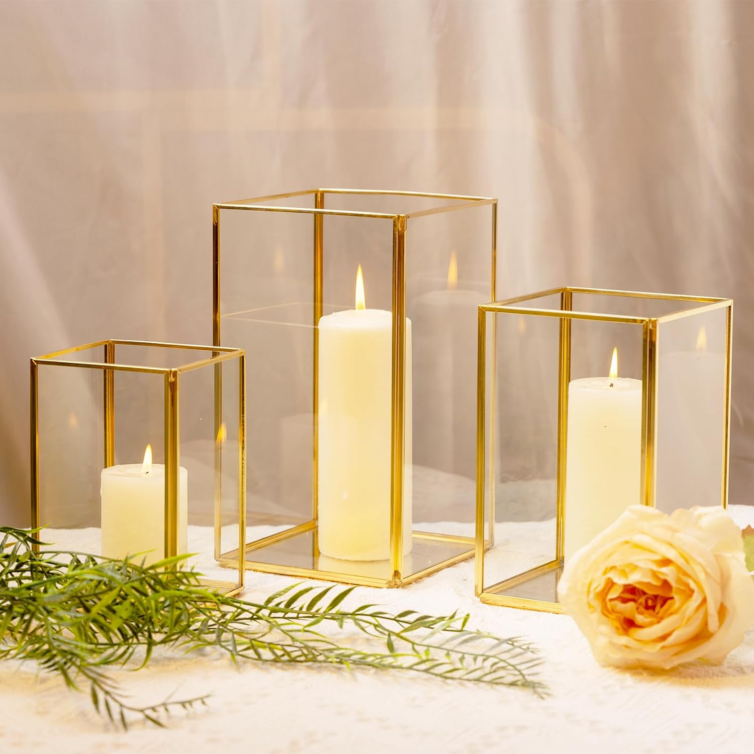 Phosphor Small Hurricane Candle Holder Set of 3 Pieces, Black Glass Candle Holder for Wedding, Party, Holiday.