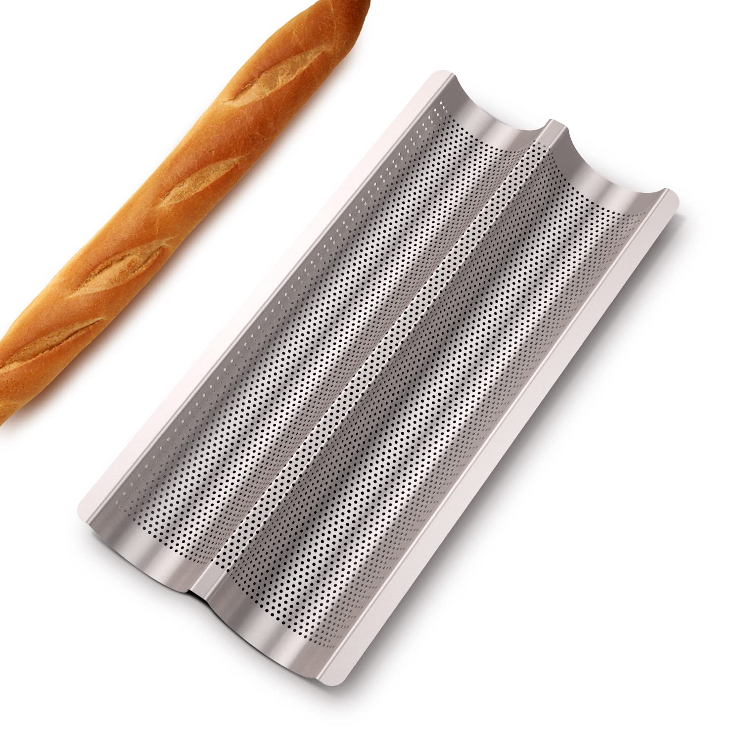 Baguette Pan French Bread Pans For Baking Pans, Nonstick 2 Slots Perforated Italian Loaf Pan Mold Long French Bread Pan Golden
