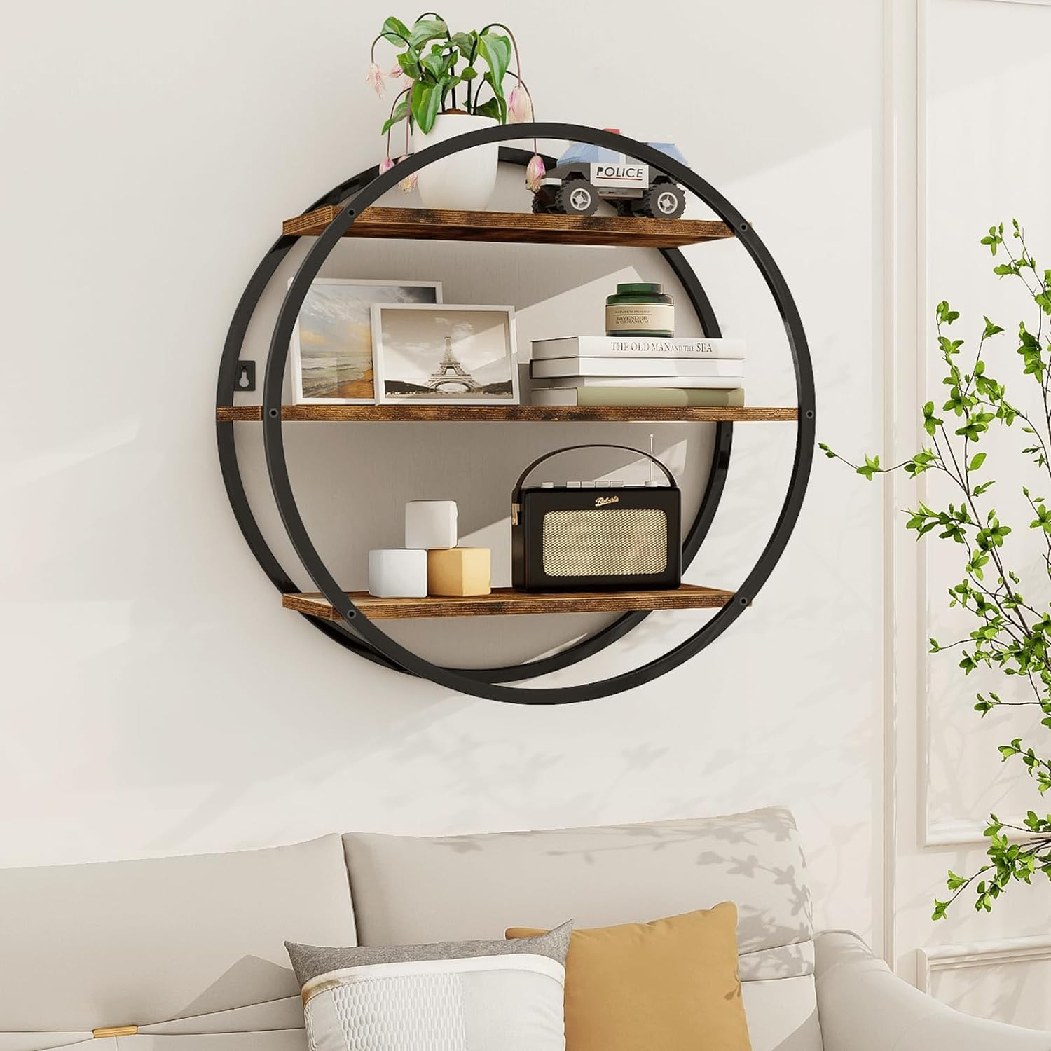 Floating Shelves, 3 Tier Decorative Geometric Circle Metal and Wood Wall Shelves, Bathroom Shelf Round Wall Decor, Rustic Brown