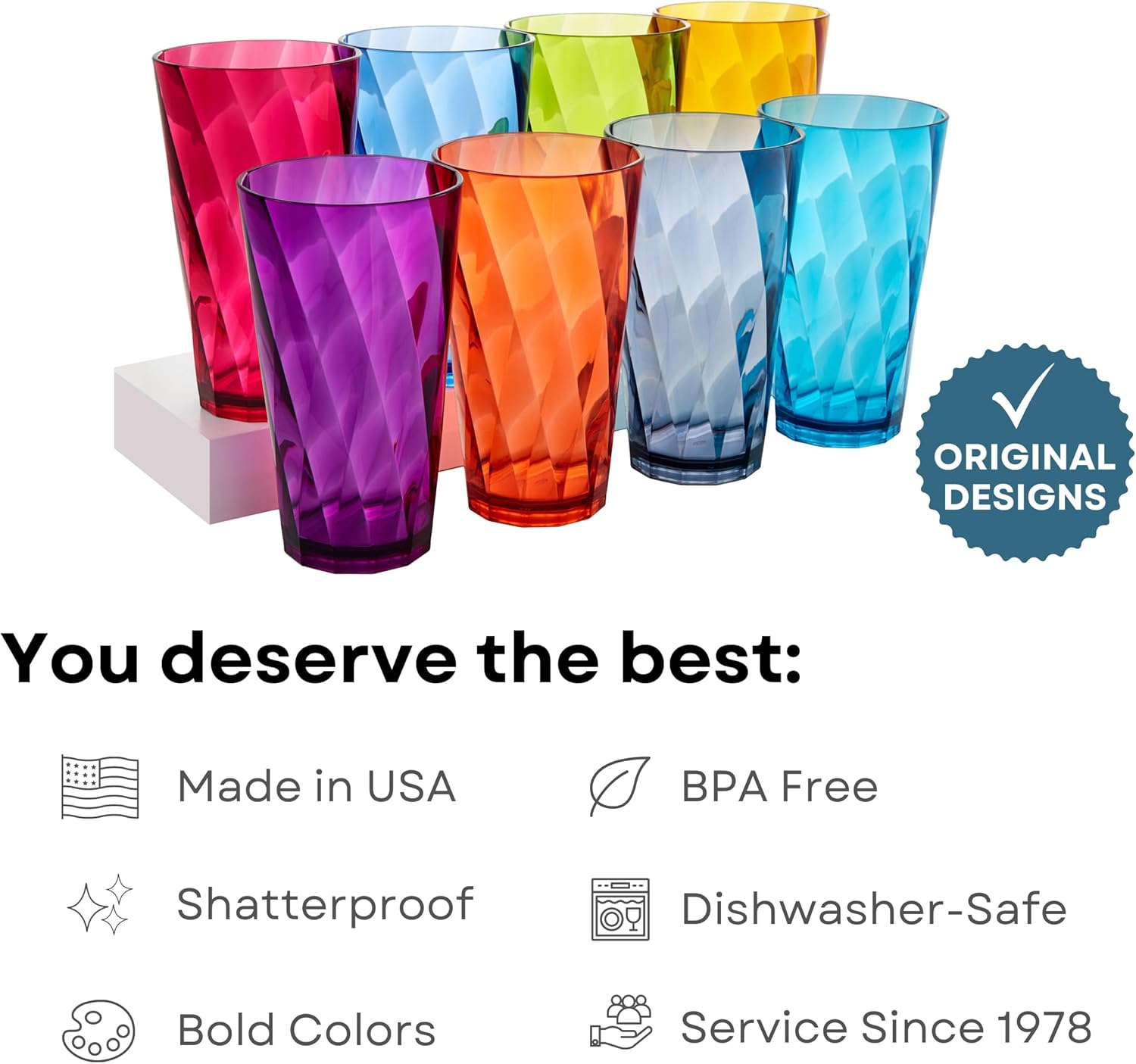 US Acrylic Optix Plastic Reusable Drinking Glasses (Set of 8) 20oz Water Cups in Jewel Tone Colors | BPA-Free Tumblers, Made in USA | Top-Rack Dishwasher Safe