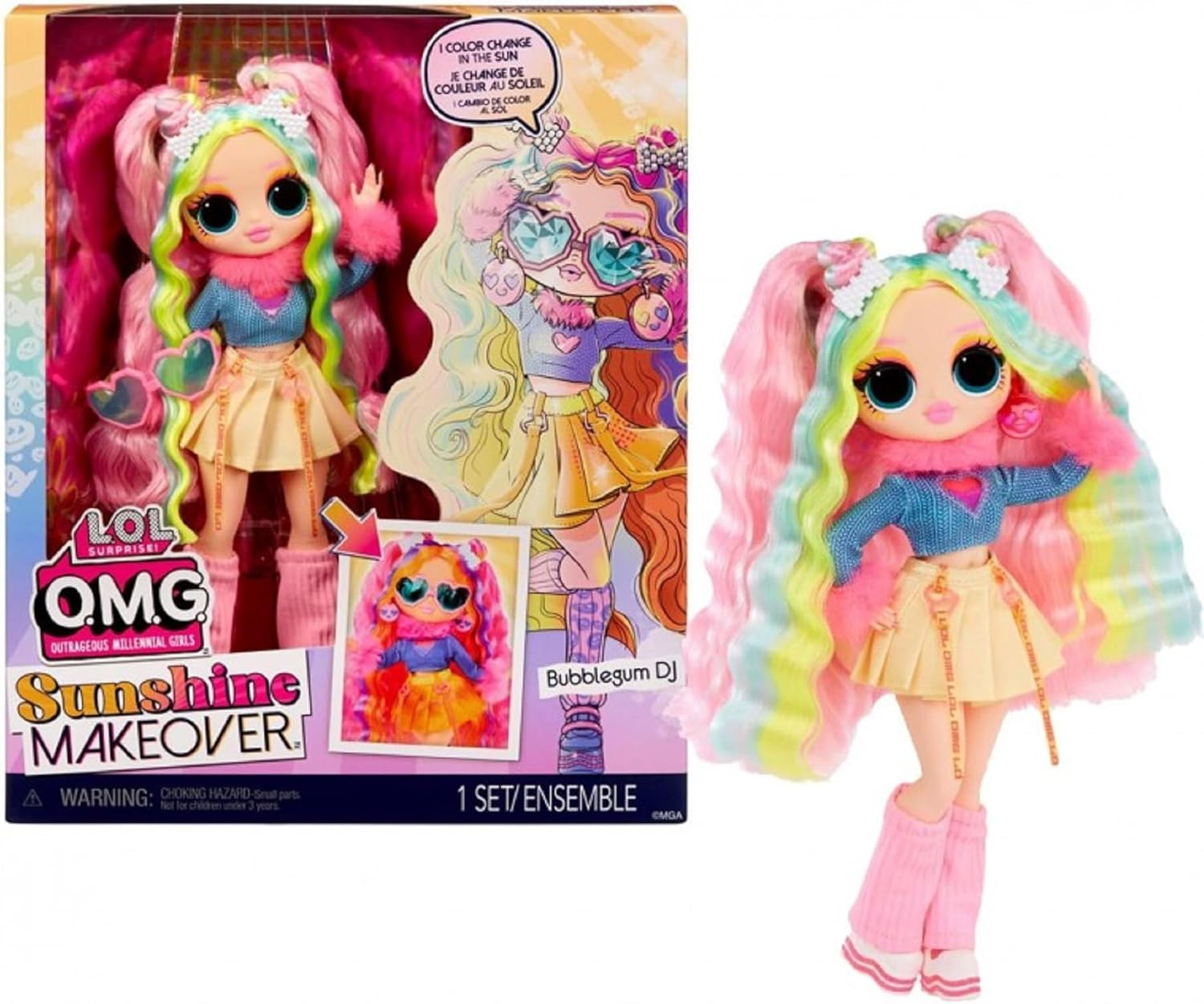 LOL Surprise OMG Sunshine Color Change Bubblegum DJ Fashion Doll with Color Changing Hair and Fashions and Multiple Surprises – Great Gift for Kids Children Ages 4+