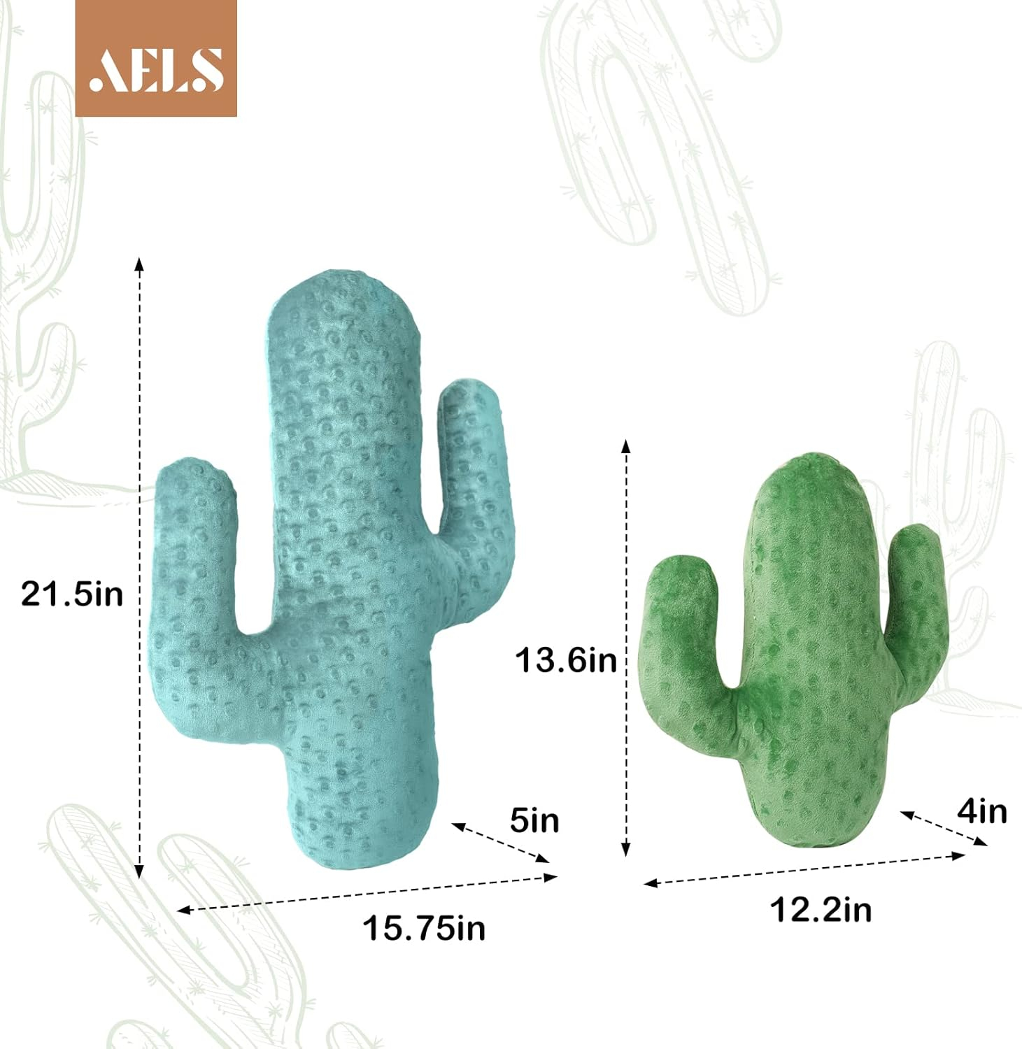 AELS Set of 2 Cactus Decorative Throw Pillows, 22"& 14" Cactus Plush Pillow Set, 3D Office Nap Pillow, Cute Succulent Throw Pillow for Nursery Bedroom Room Decor, Blue Green & Sage Green