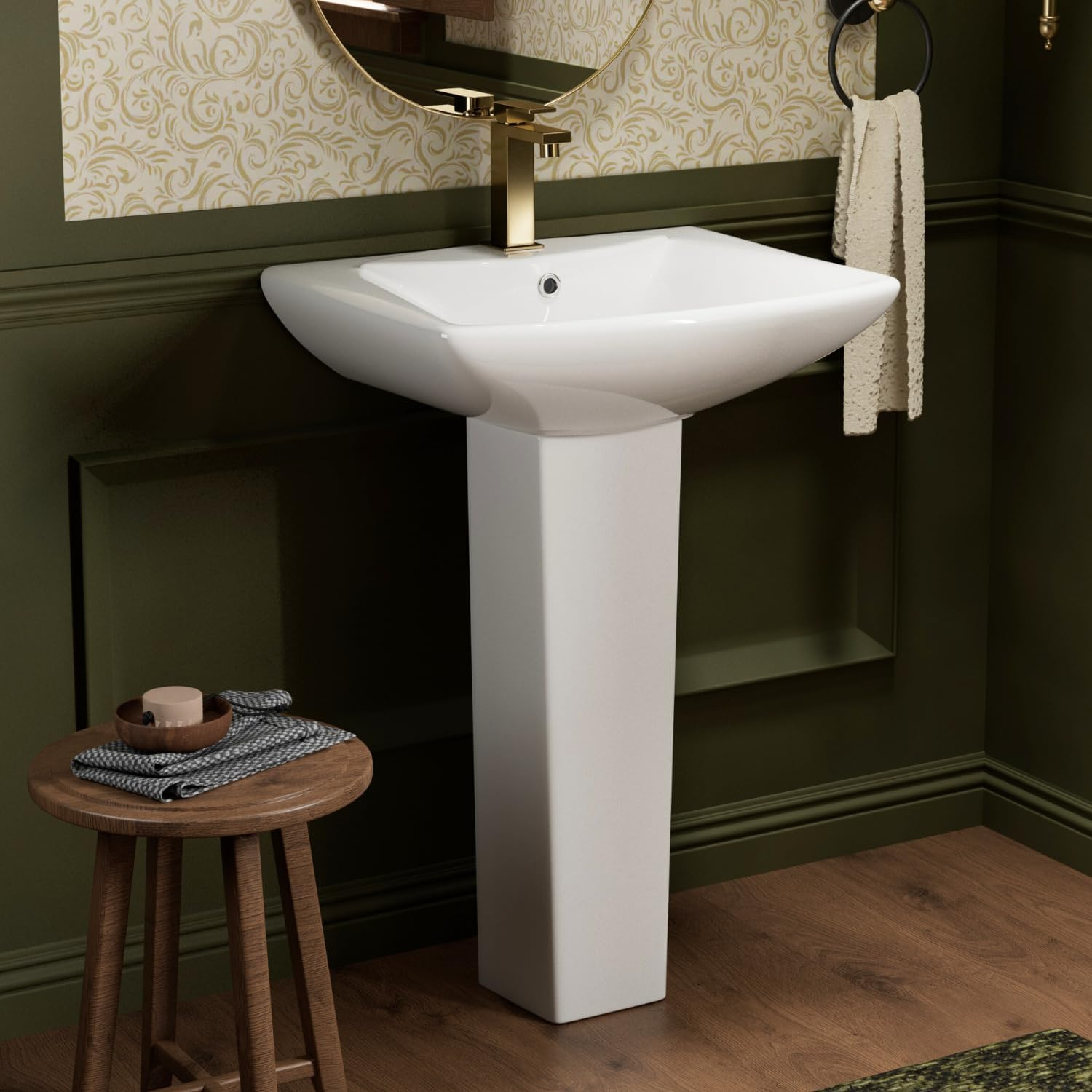 Classic Vintage Bathroom Pedestal Sink, Los Flexi 23"W x 19"D White Ceramic Freestanding Sinks for bathrooms, Overflow, 3 Pre-Drilled Holes for 4-Inch Faucets, Easy Install