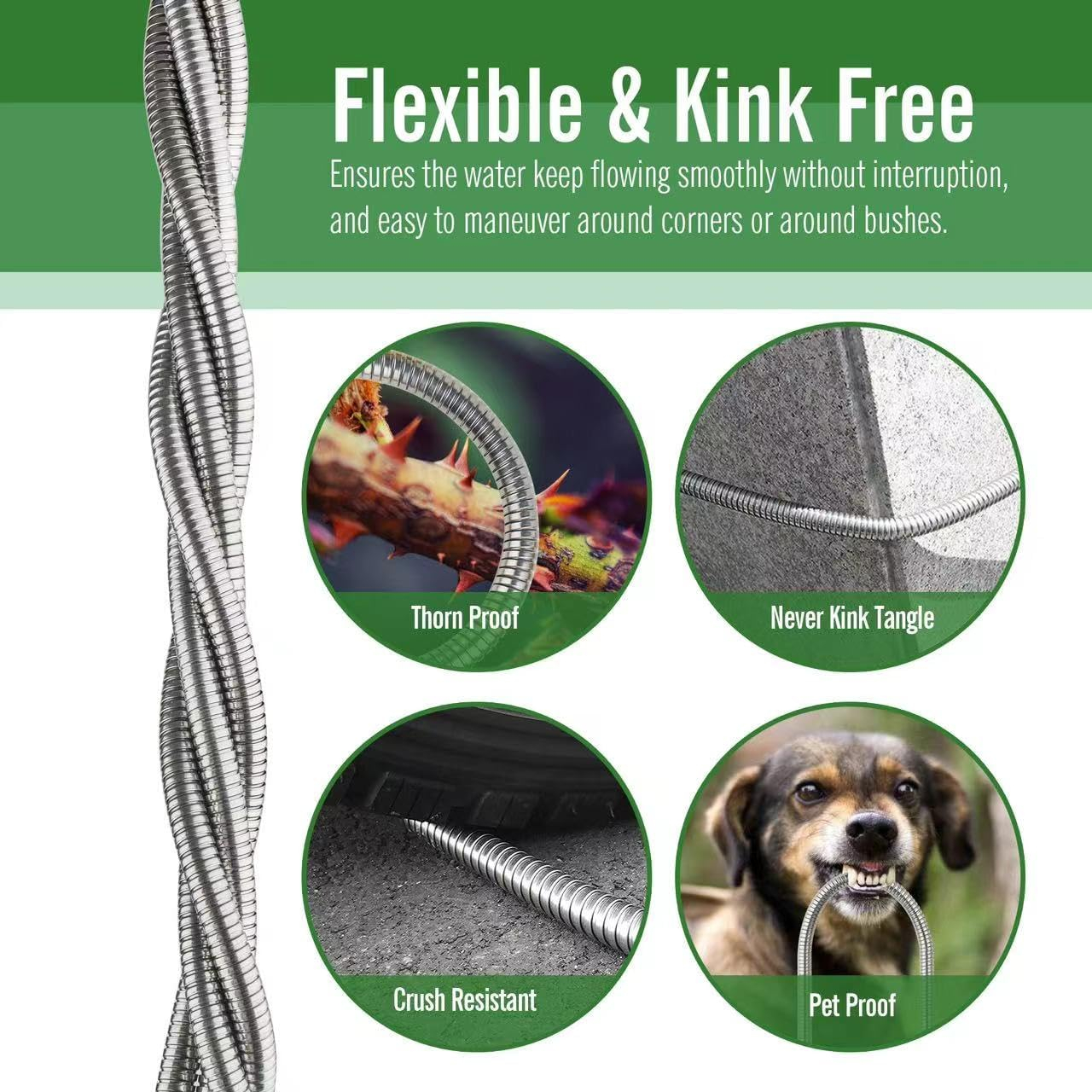 SKYWARD 304 Stainless Steel Garden Hose with Brass Garden Hose Nozzle, Anti-Leakage, Flexible & Lightweight Kink Free Water Hose, Easy to Use & Store (100ft)