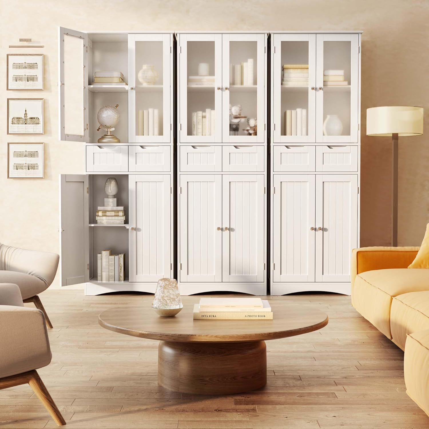Gizoon 67" Tall Storage Cabinet, Freestanding Kitchen Pantry Cabinet with Glass Door & 2 Shelves & 2 Drawers, Stylish Linen Storage Cabinet for Home, Bathroom, Living Room, Office, White