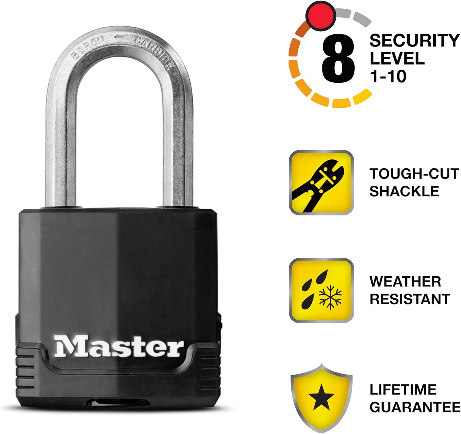 Master Lock Black Outdoor Key Lock, Heavy Duty Weather Resistant Padlock with Cover, Keyed Alike Padlocks for Outdoor Use, 4 Pack, M115XQLF