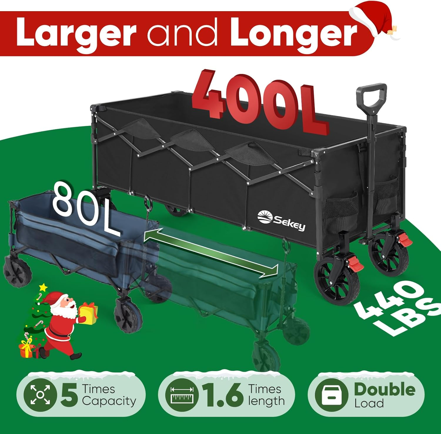 Sekey 43" Extended Collapsible Wagon 400L Large Capacity, 440LBS Heavy Duty Folding Utility Garden Cart with All-Terrain Wheels for Camping, Sports, Shopping.Black