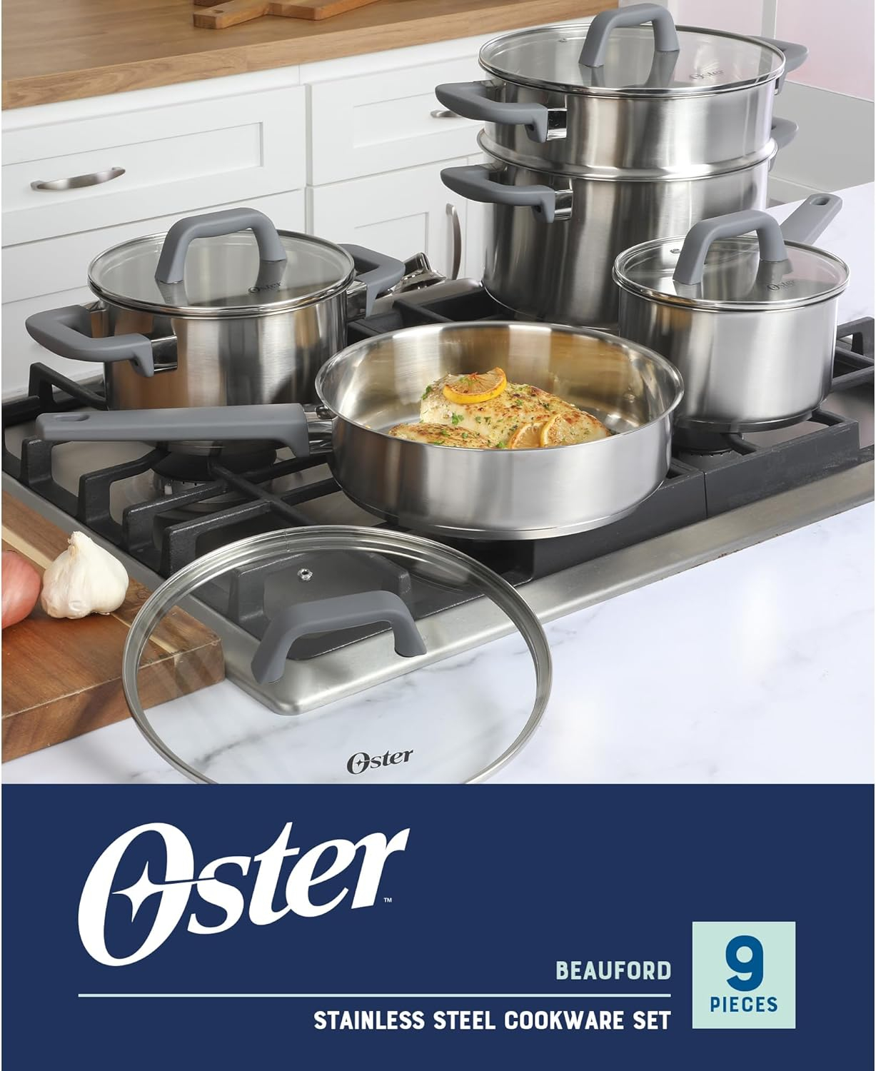 Oster Beauford 9 Piece Stainless Steel Non-Toxic Pots and Pans Cookware Set W/ Tri-Ply Encapsulated Bottom & Soft Touch Handles